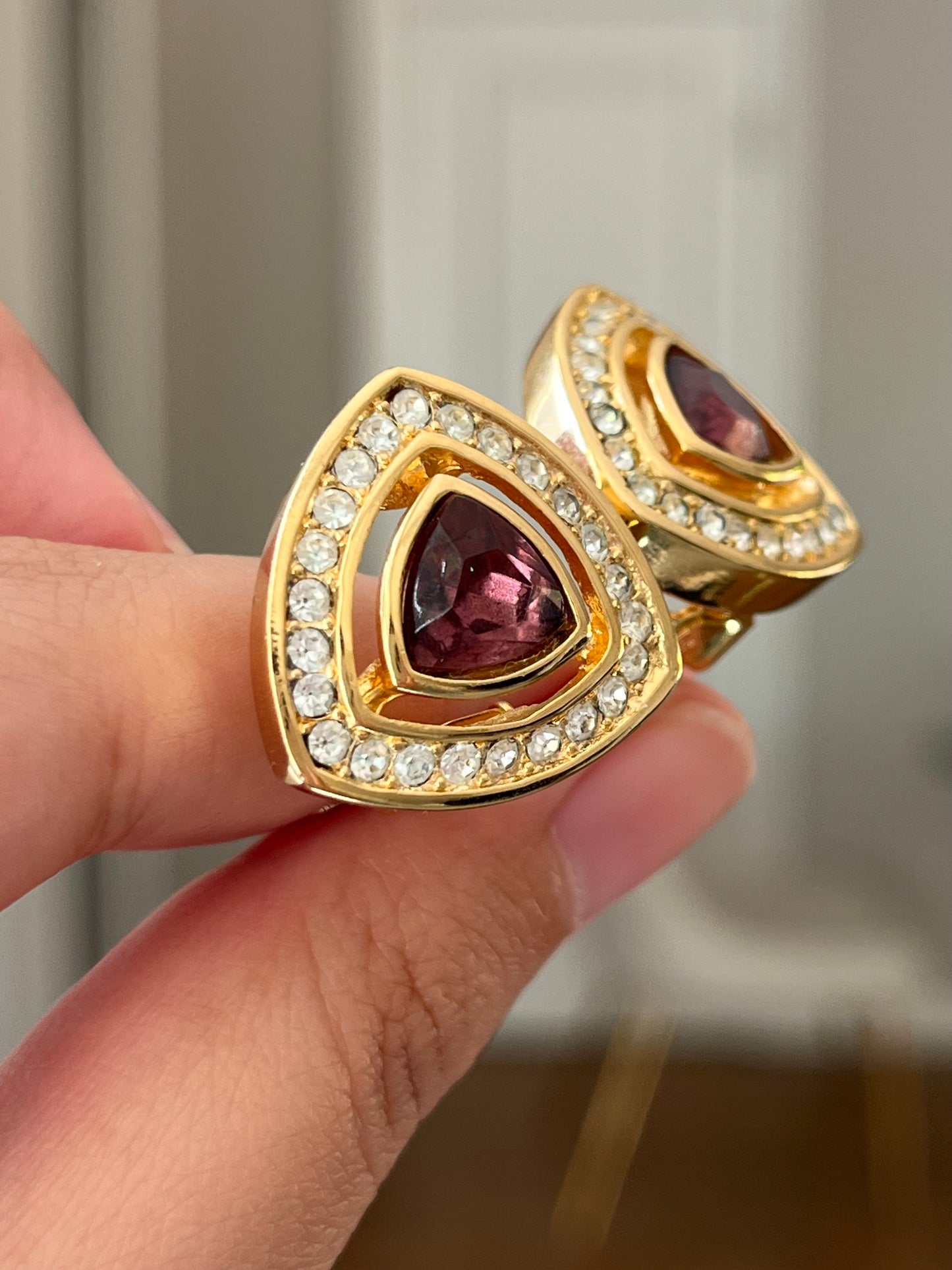Vintage Christian Dior Triangular Purple Rhinestone Hollow Edge Gold-Tone Clip-On Earrings