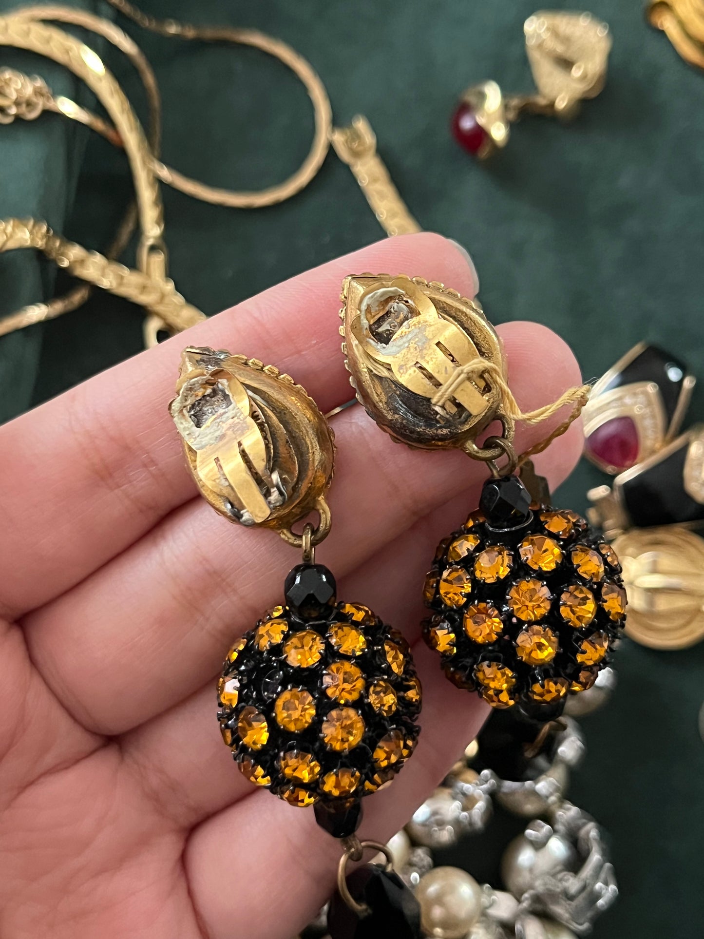 Vintage Yves Saint Laurent Rive Gauche YSL Orange Rhinestone Ball Dangle Drop Long Shoulder Brush Gold-Tone Clip-On Earrings