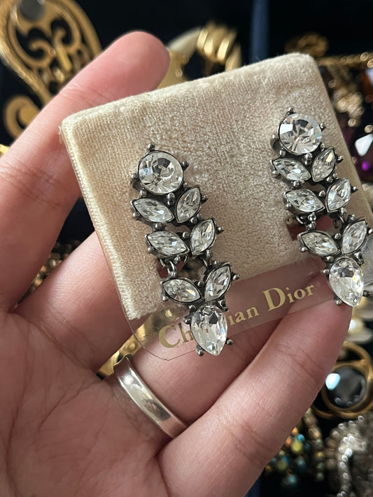 Vintage Christian Dior "Ears of Wheat" Marquise Rhinestone Drop Patinated Silver-Plated Clip-On Earrings with Original Card