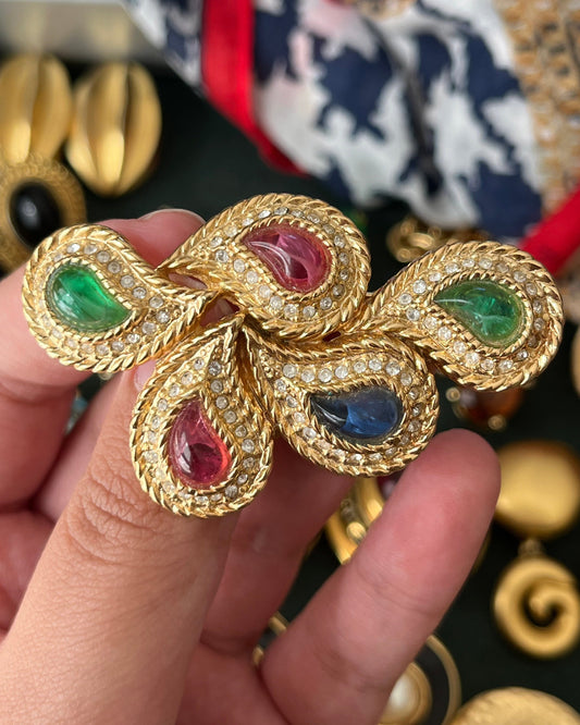 Vintage Christian Dior "Phoenix's Feather" Paisley Tri-Color Poured Glass Cabochon Gold-Tone Brooch