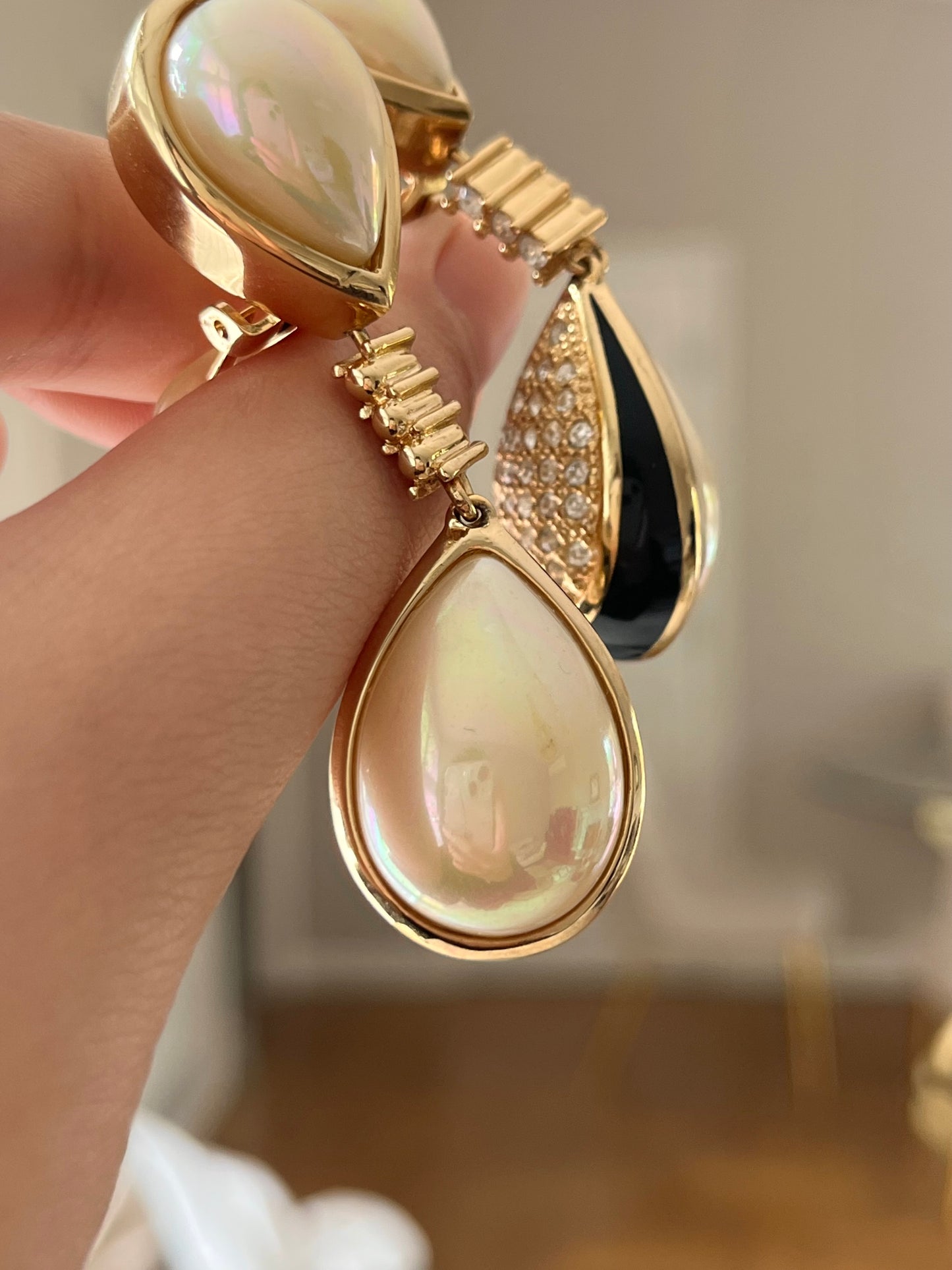 Vintage Christian Dior Pearl Black Enamel Rhinestone Pavé Teardrop Dangle Drop Long Shoulder Brush Two-Side Gold-Tone Clip-On Earrings