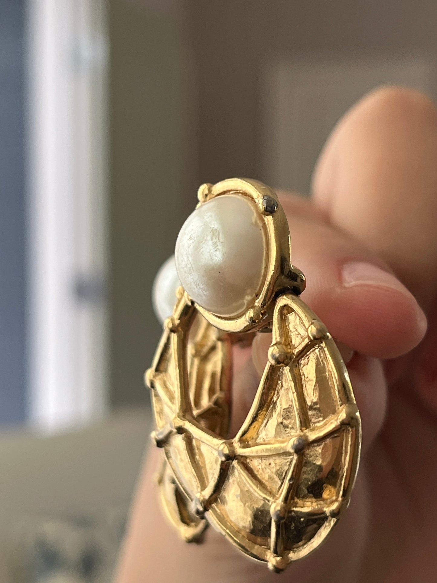 Vintage Givenchy Door Knocker Round Pearl Quilted Drop Gold-Tone Clip-On Earrings