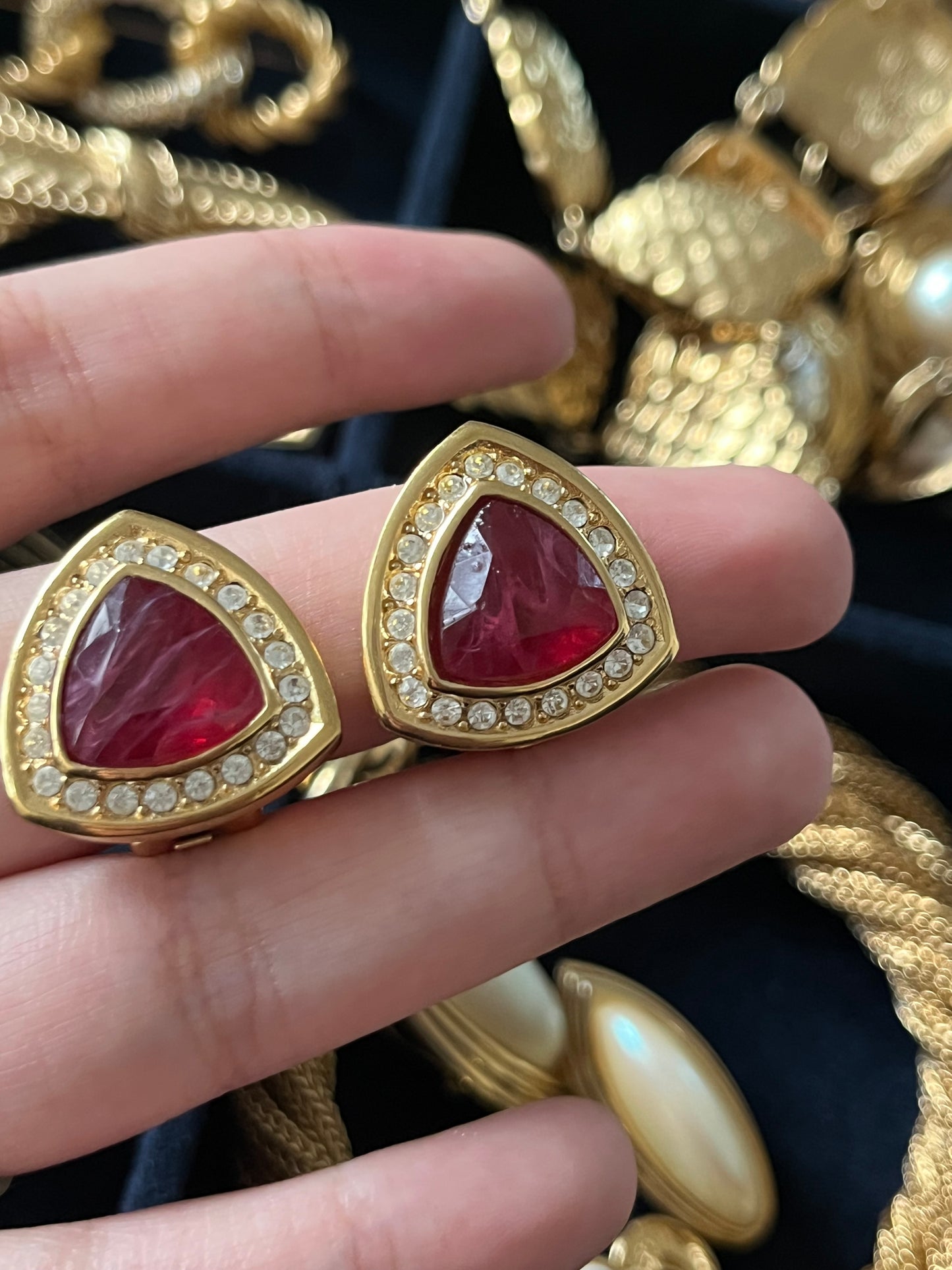 Vintage Christian Dior Triangular Red Swirly Glass Cabochon Rhinestone Edge Gold-Tone Clip-On Earrings