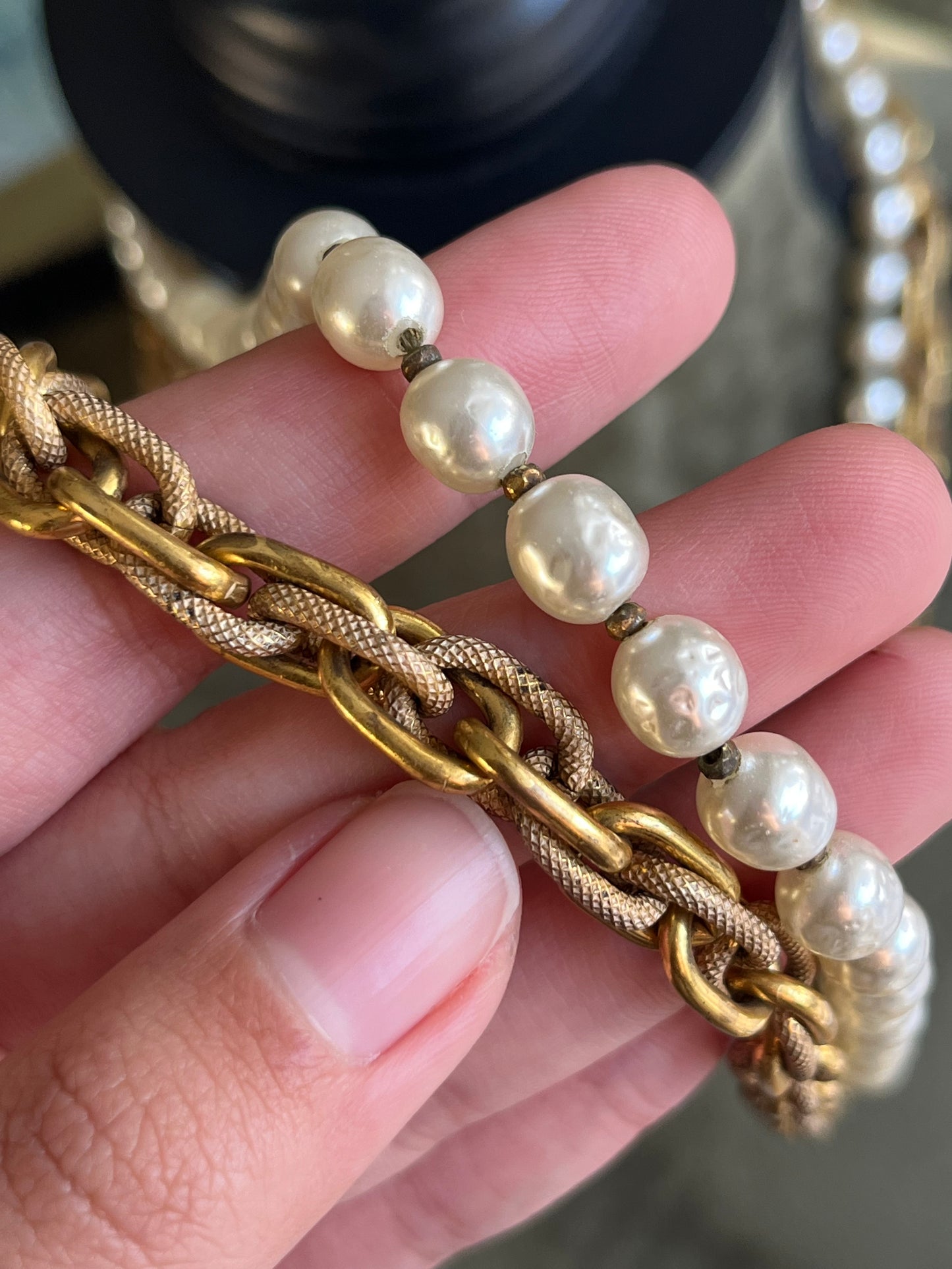 Vintage Miriam Haskell Classic "Niki" Baroque Glass Pearl Bronze-Tone Chain Long Necklace Set