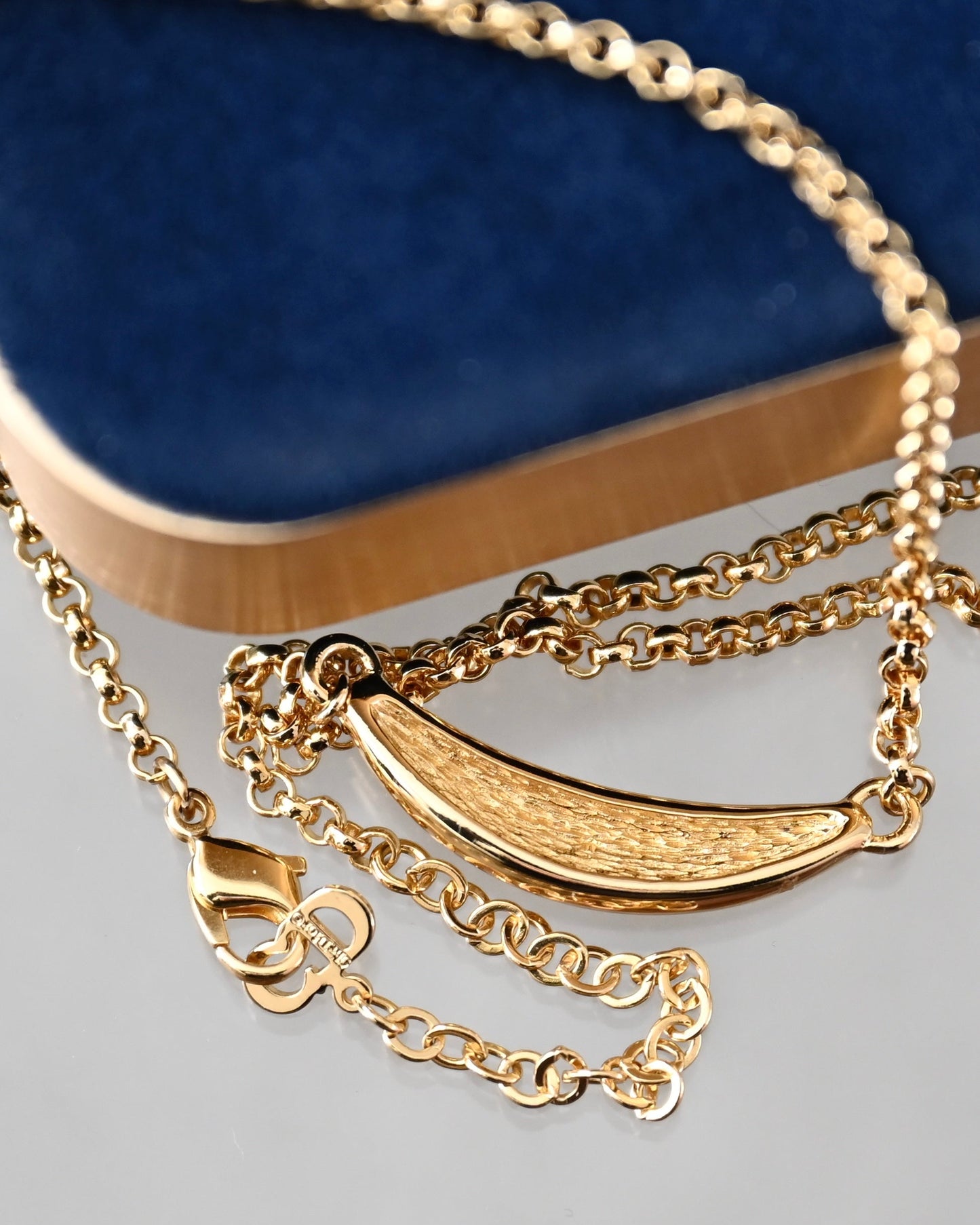 Vintage Christian Dior Crescent Moon Smile Rhinestone Pavé Gold-Tone Braided Chain Necklace