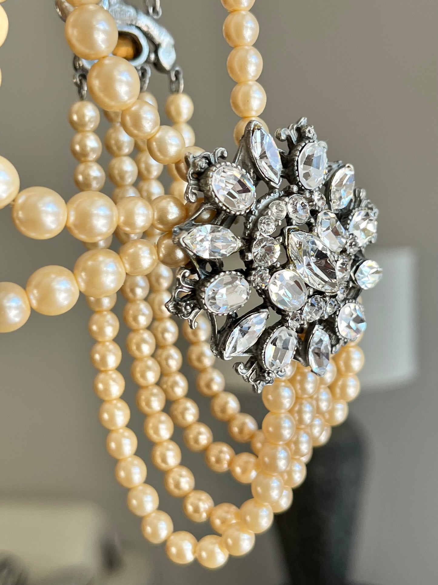 Vintage Ben-Amun Maltese Flower Accent Pearl Beaded Four-Stranded Layered Long Silver-Tone Statement Necklace