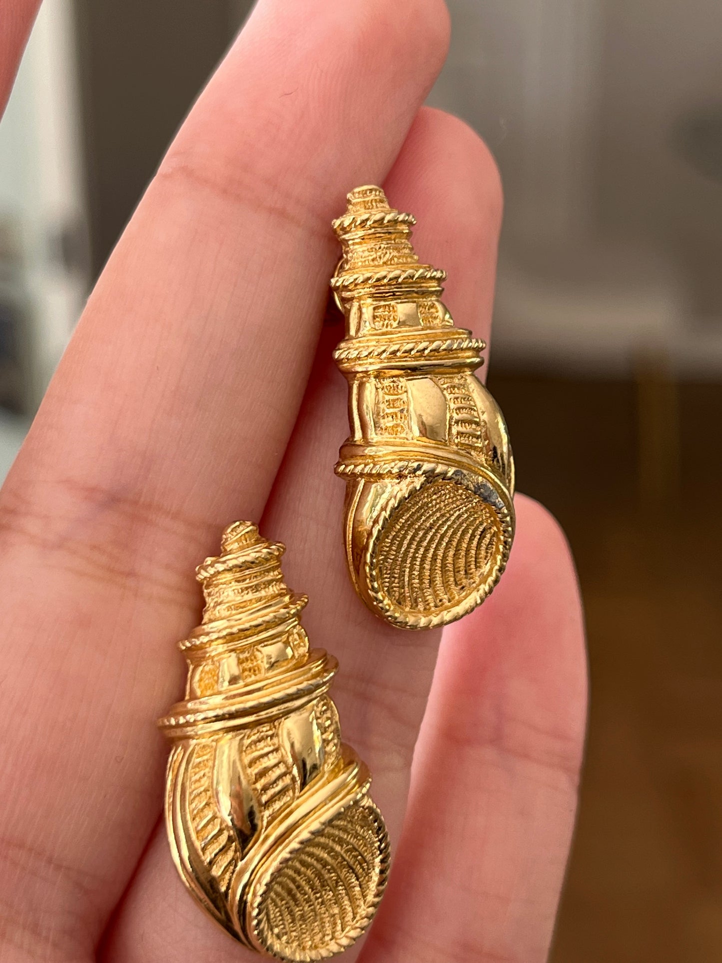 Vintage Christian Dior Sea Shell Brushed Gold-Tone 14k Gold Post Pierced Earrings