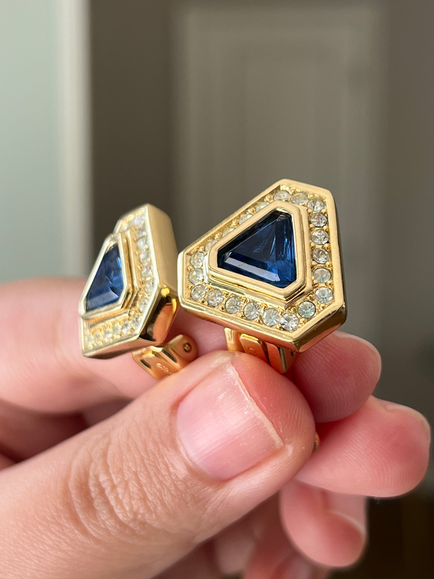 Vintage Christian Dior Triangular Blue Molded Glass Cabochon Rhinestone Gold-Tone Clip-On Earrings