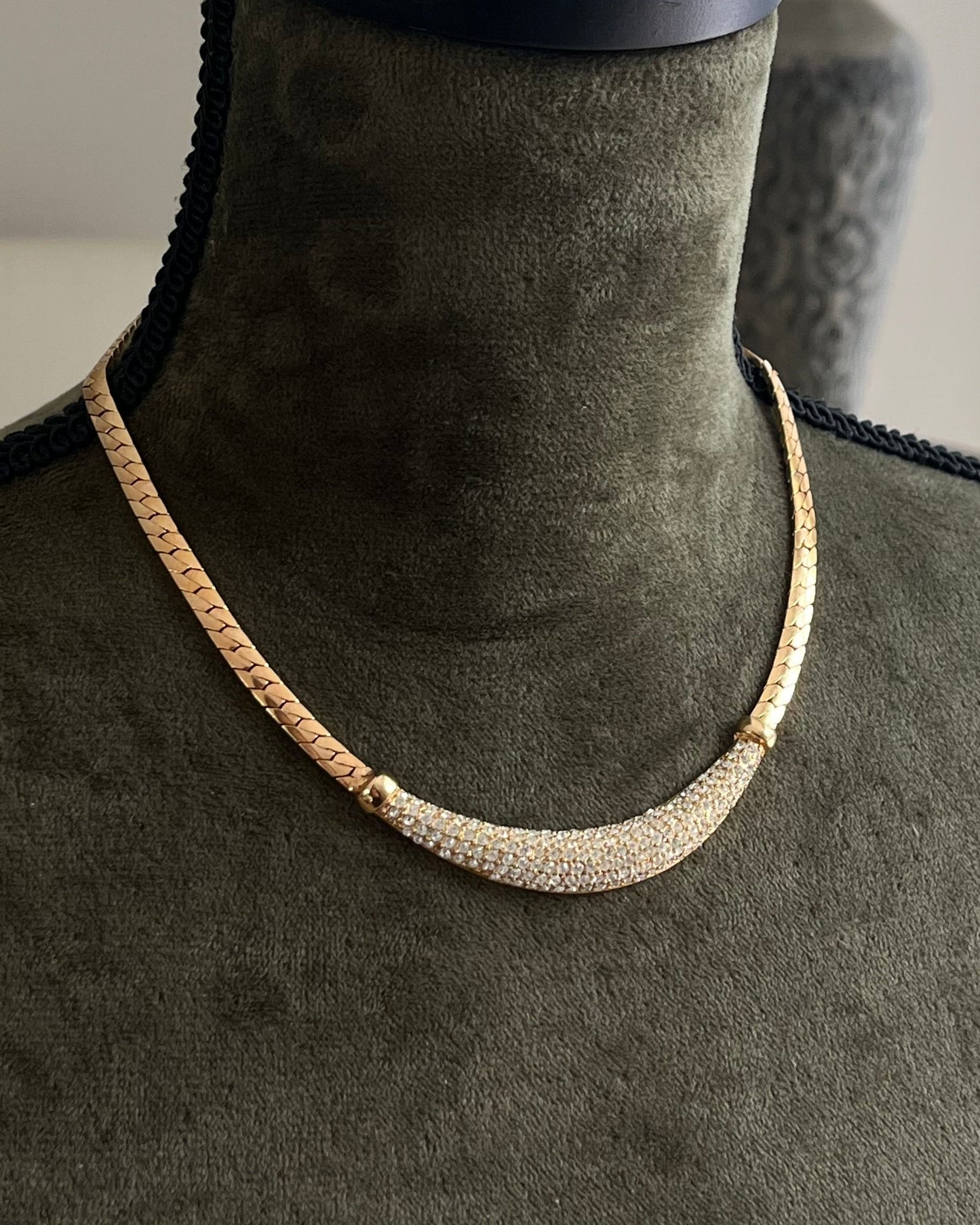 Vintage Christian Dior Crescent Moon Smile Rhinestone Pavé Gold-Tone Chain Necklace