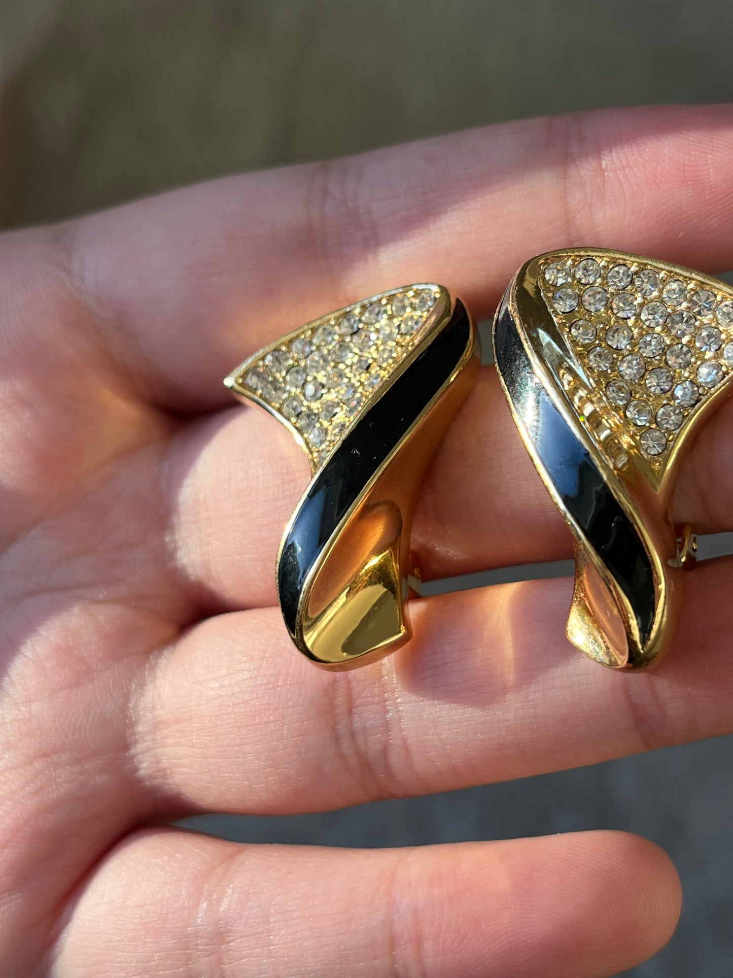 Vintage Christian Dior Classic Twisted Fan Black Enamel Rhinestone Pavé Gold-Tone Clip-On Earrings