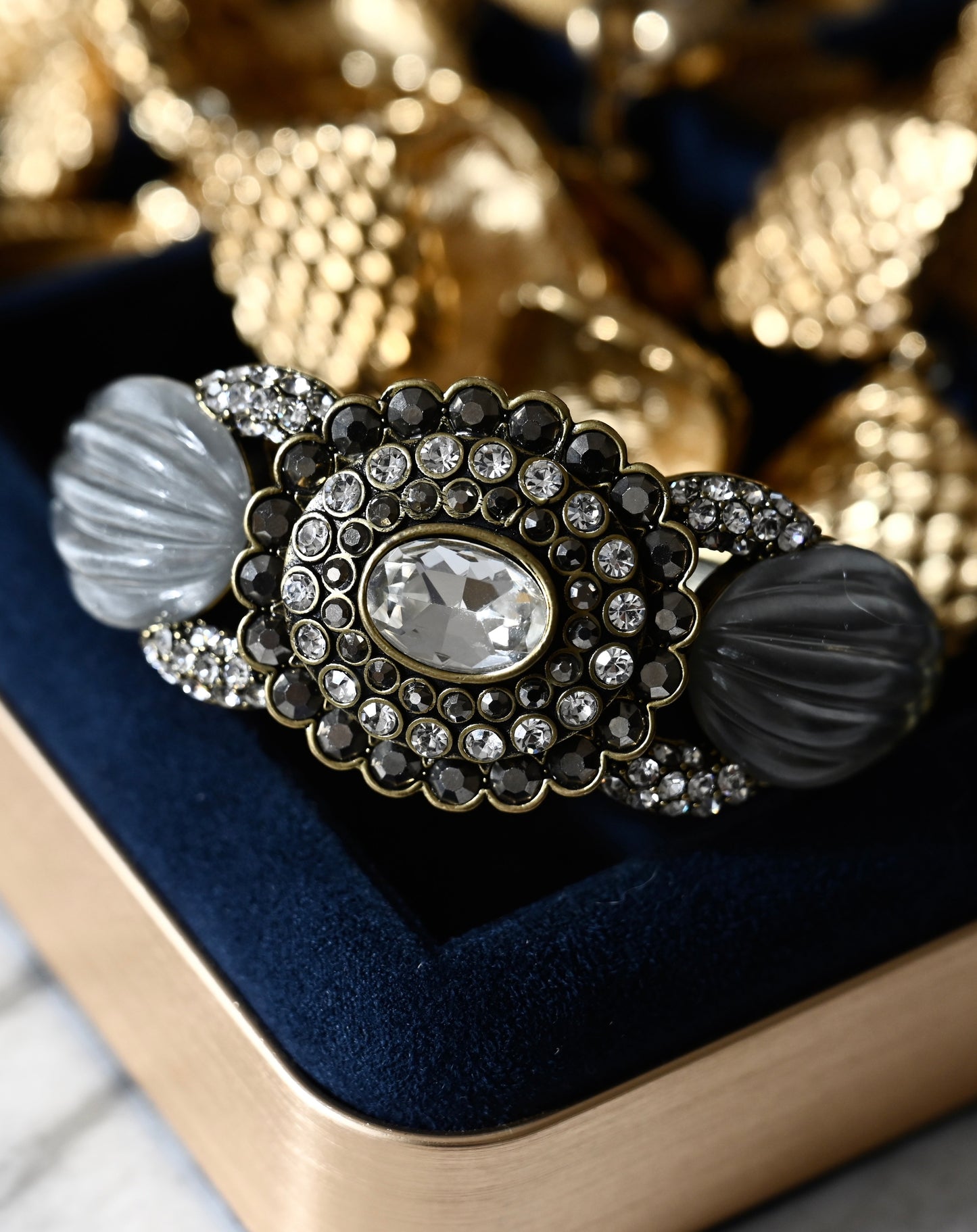 Vintage Heidi Daus 2010 "Collector's" Collection Oval Gray Rhinestone Mellon Lucite Bronze-Tone Bracelet Bangle