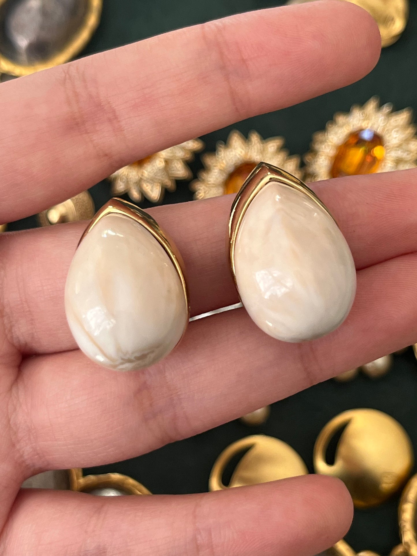 Vintage Givenchy Teardrop Cream Faux Marble Shell Resin Cabochon Gold-Tone Clip-On Earrings