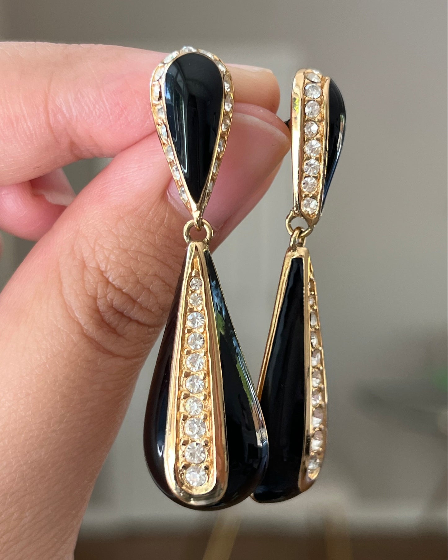 Vintage Christian Dior Teardrop Dangle Drop Black Enamel Rhinestone Gold-Tone 14k Gold Post Pierced Earrings