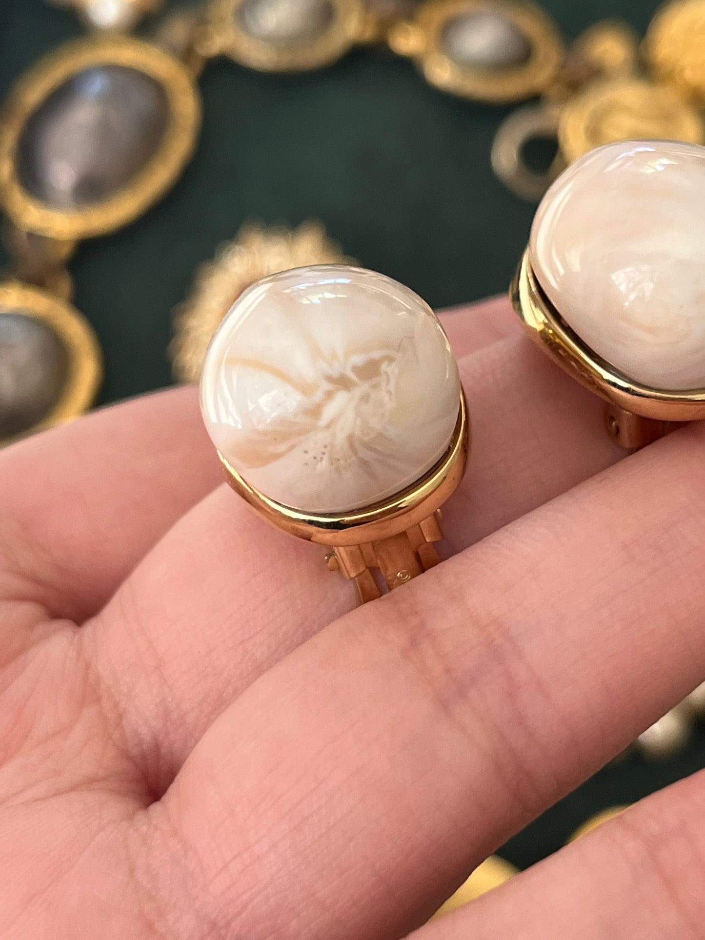 Vintage Givenchy Teardrop Cream Faux Marble Shell Resin Cabochon Gold-Tone Clip-On Earrings