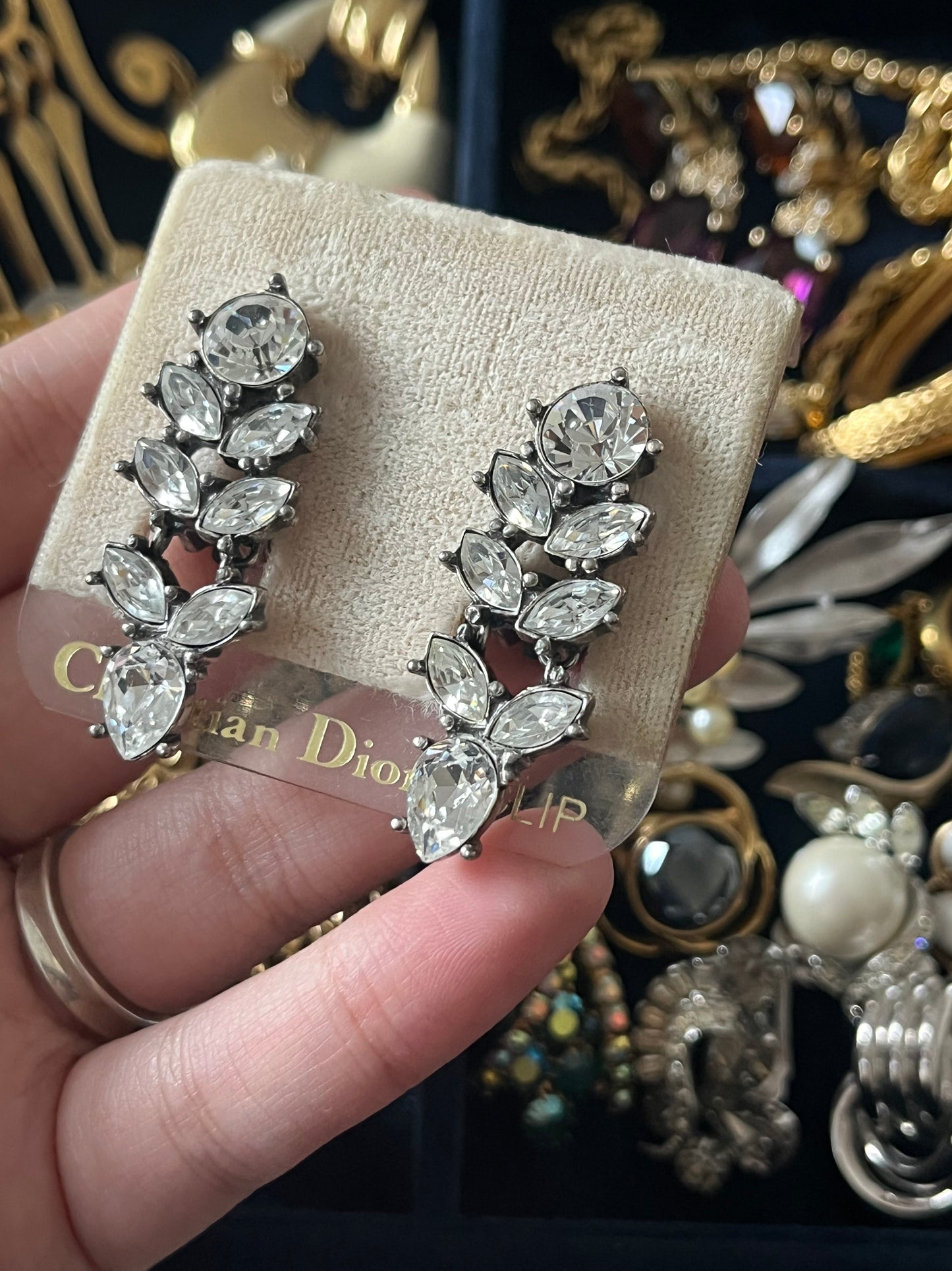 Vintage Christian Dior "Ears of Wheat" Marquise Rhinestone Drop Patinated Silver-Plated Clip-On Earrings with Original Card