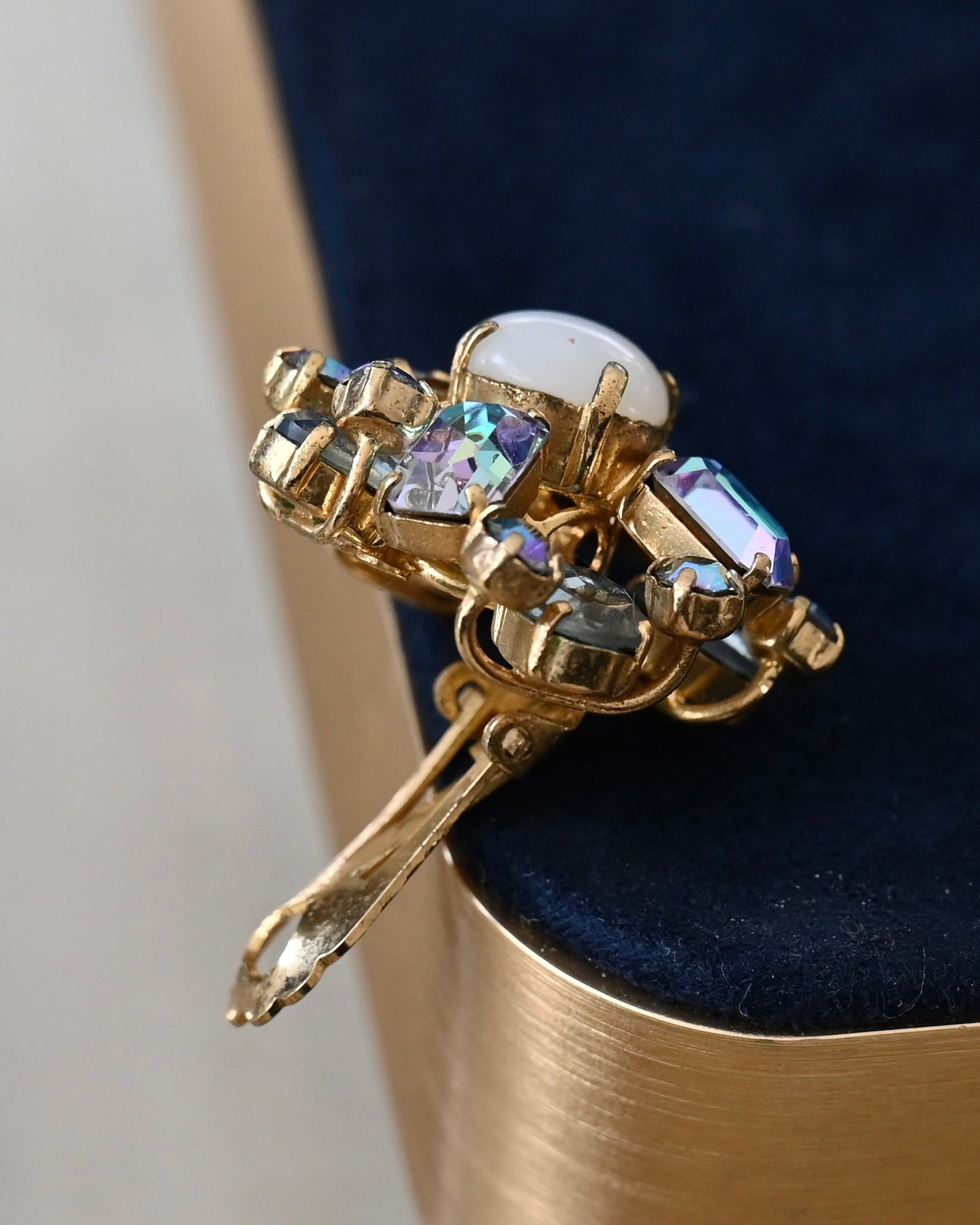 Vintage Christian Dior 1958 Blue Purple AB Rhinestone Prong Gold-Tone Clip-On Single Earring