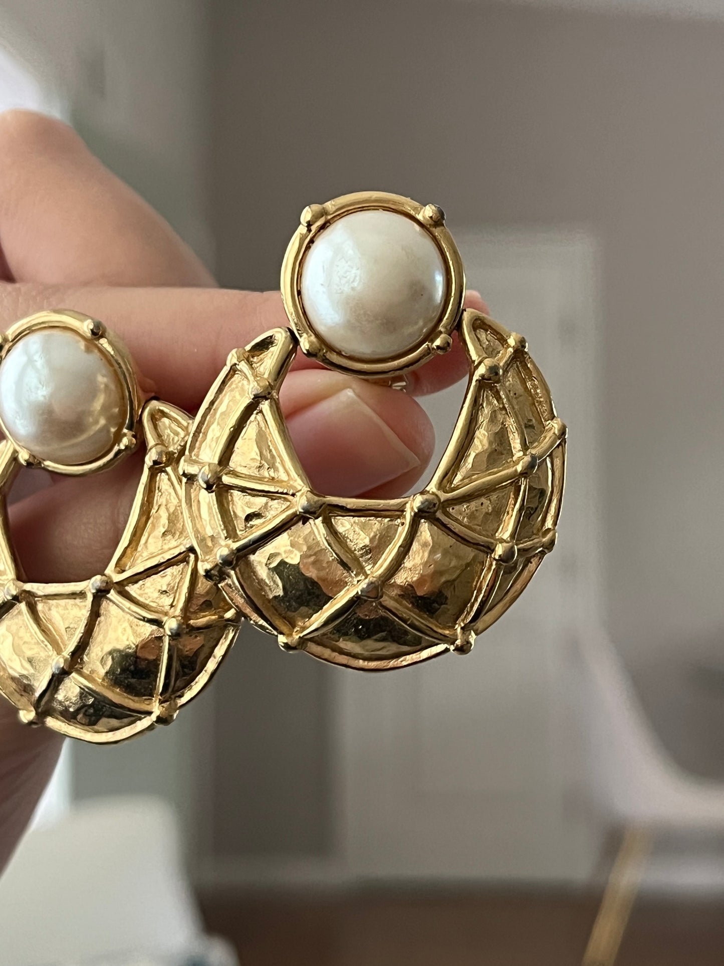 Vintage Givenchy Door Knocker Round Pearl Quilted Drop Gold-Tone Clip-On Earrings