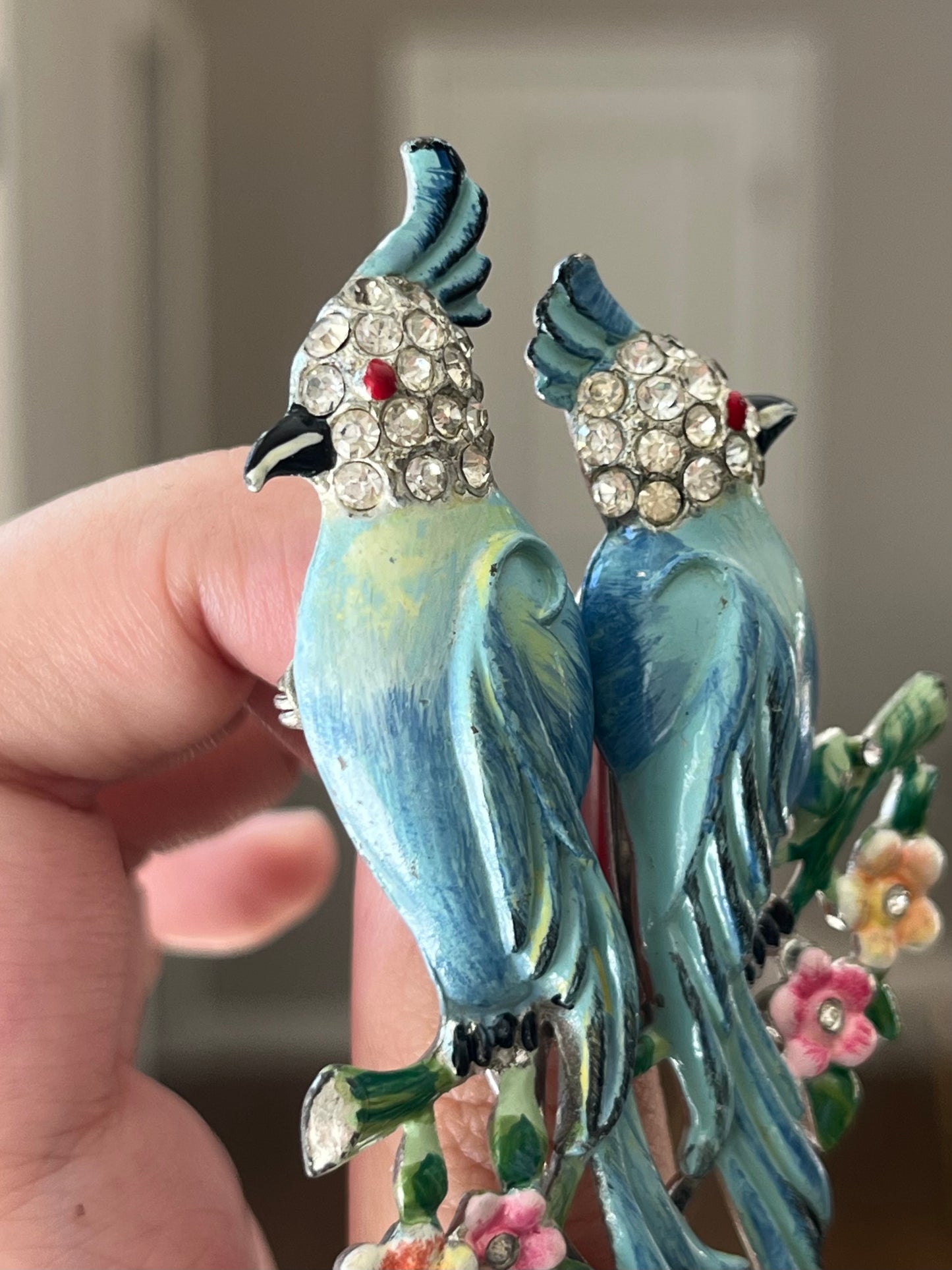 Vintage Coro Duette "Love Birds" Book Piece Parrot Blue Enamel Rhinestone Silver-Tone Brooch Fur Clip