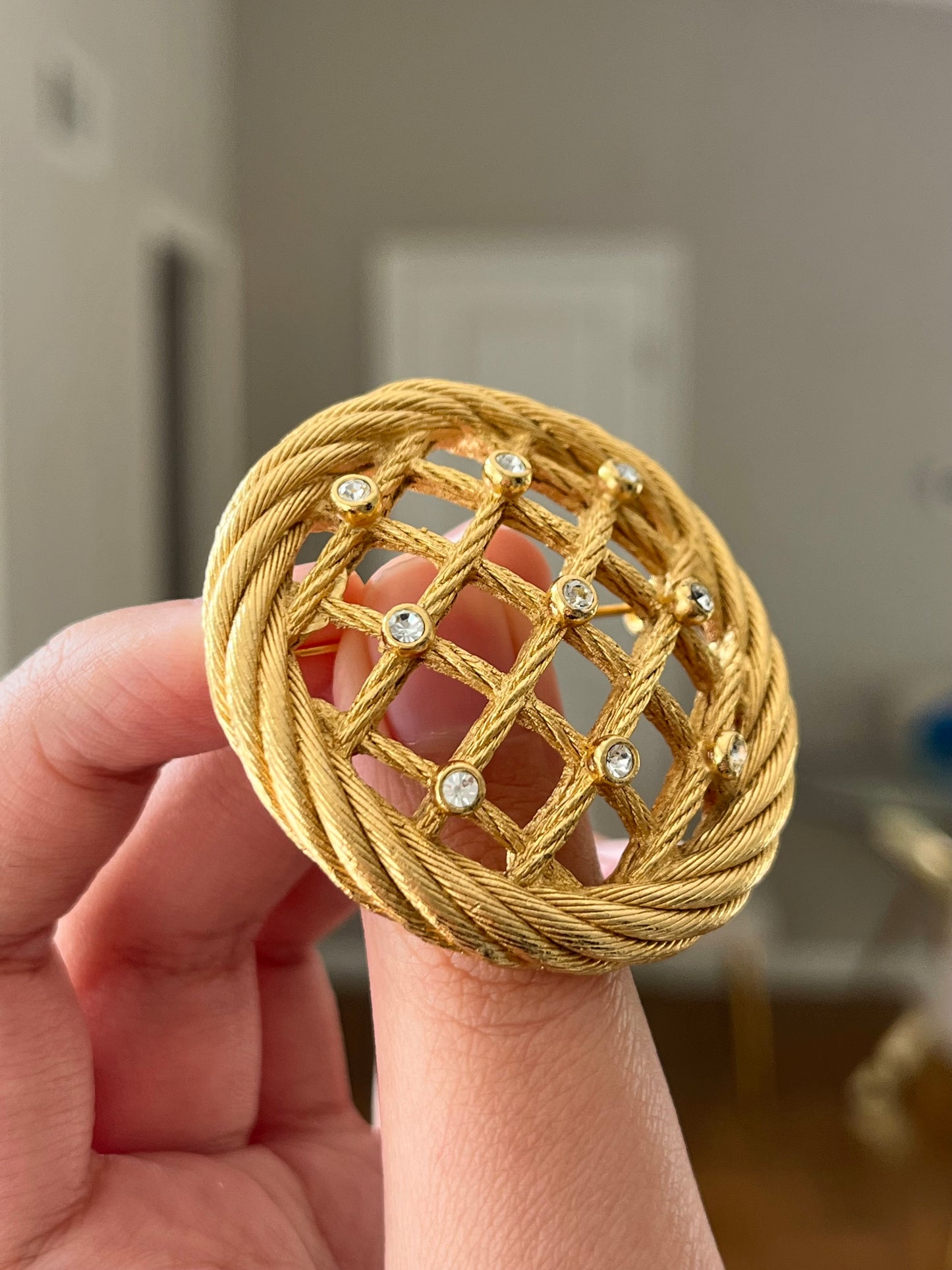 Vintage Christian Dior "Rope" Collection Dream Catcher Braided Knot Rhinestone Round Gold-Tone Brooch