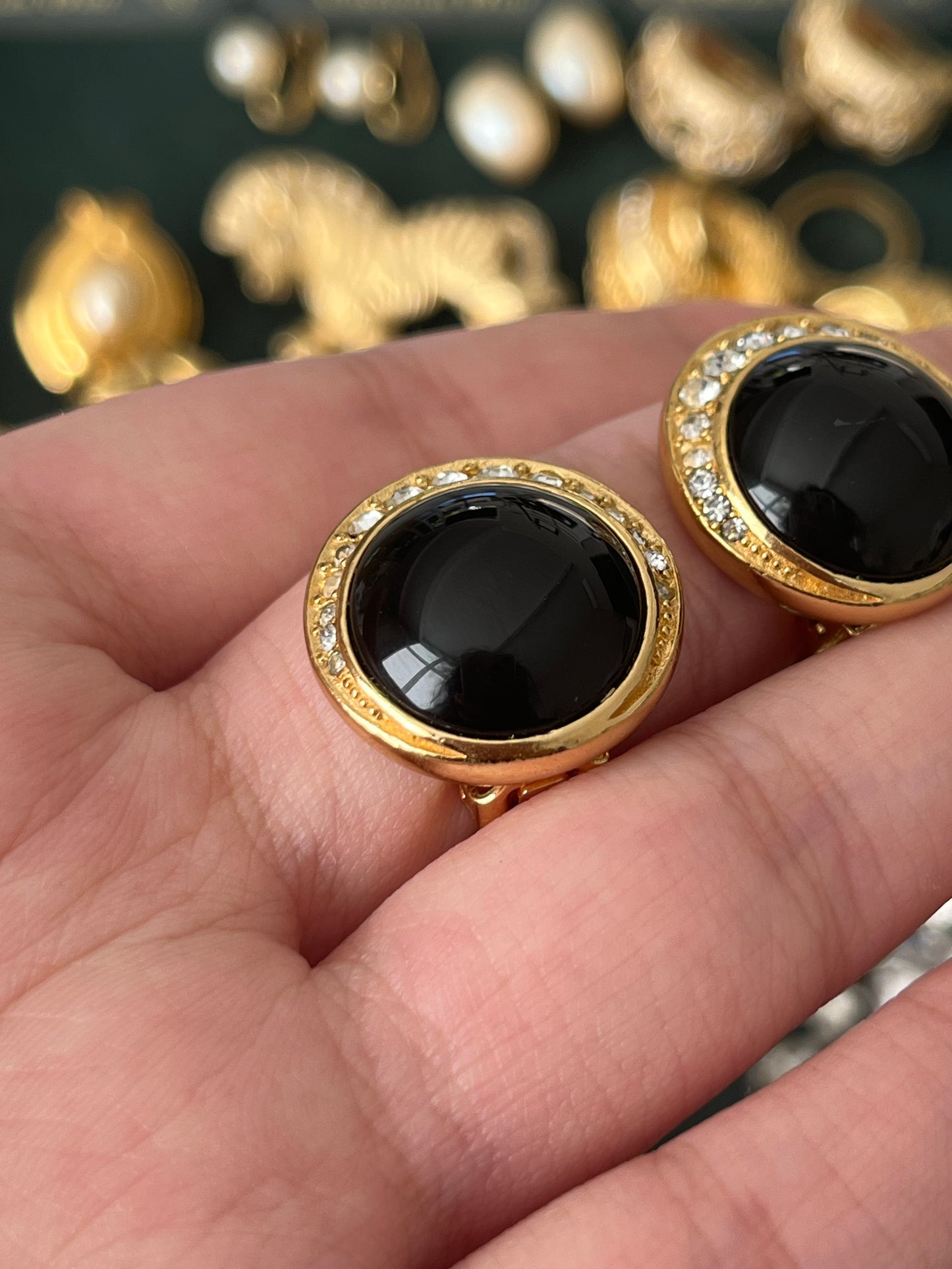 Vintage Christian Dior Round Black Poured Glass Cabochon Rhinestone Gold-Tone Clip-On Earrings