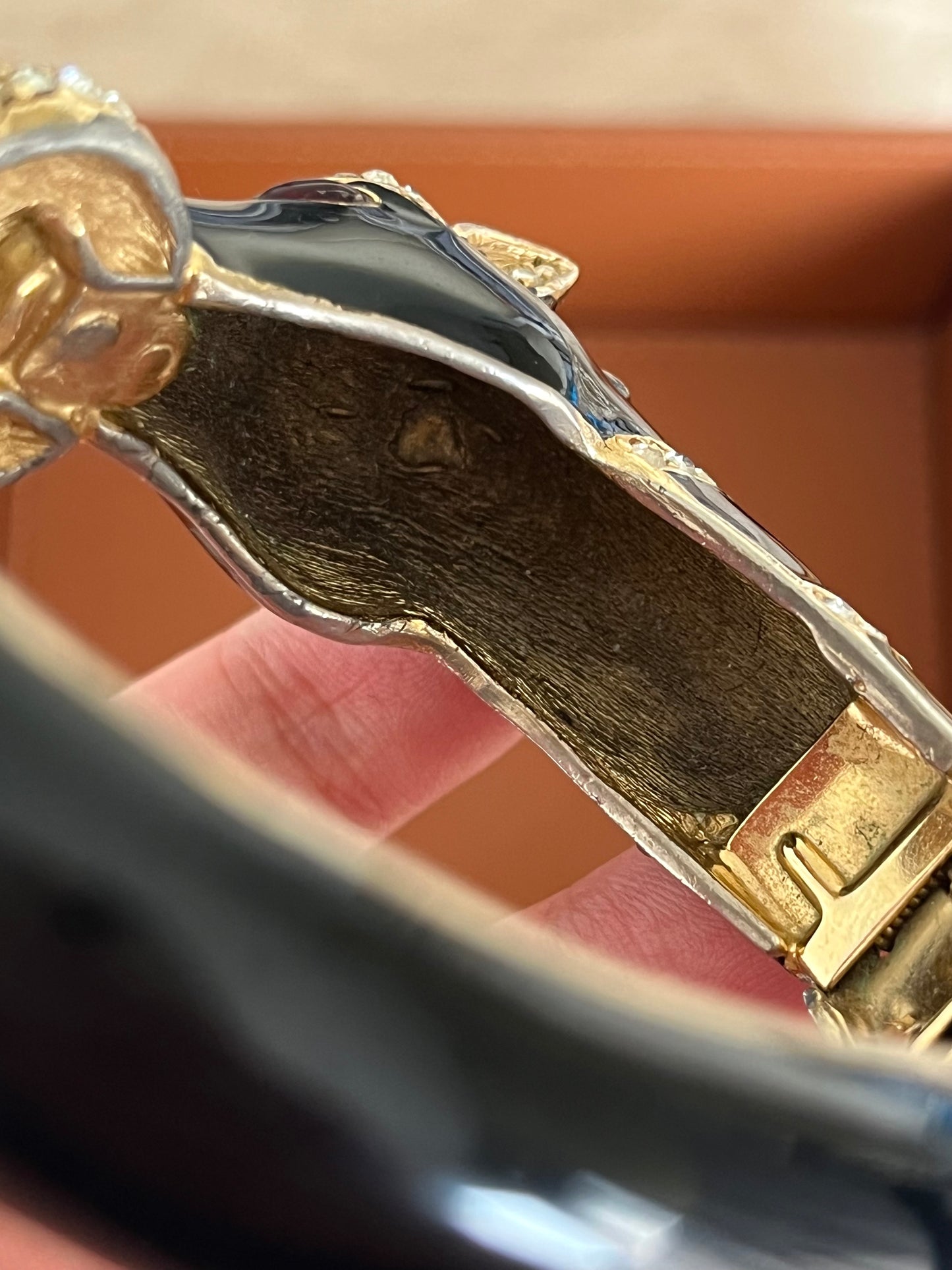 Vintage Ciner "Scultural Animal Head" Collection Horse Red Poured Glass Cabochon Black Enamel Rhinestone Pavé Bangle