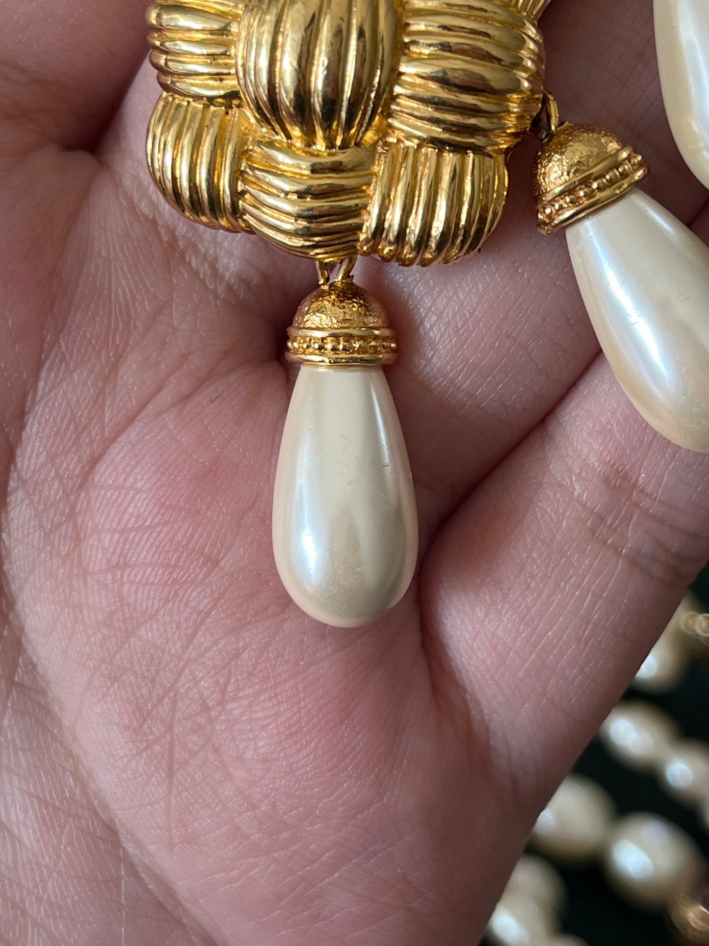 Vintage Fendi "Braided Croissant" Collection Pearl Dangle Drop Gold-Tone Clip-On Earrings