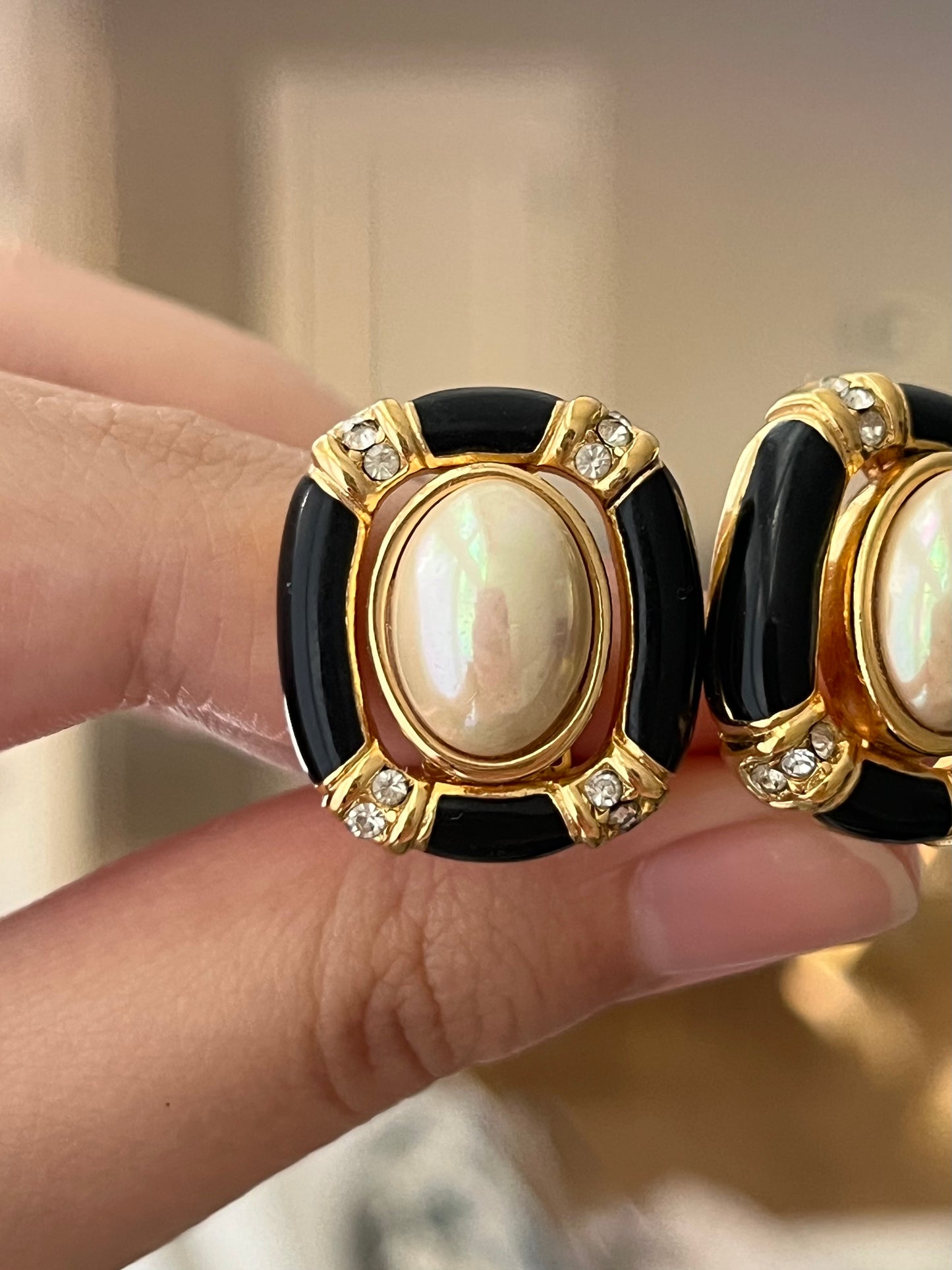 Vintage Christian Dior Oval Pearl Cabochon Hollow Black Enamel Edge Gold-Tone Clip-On Earrings