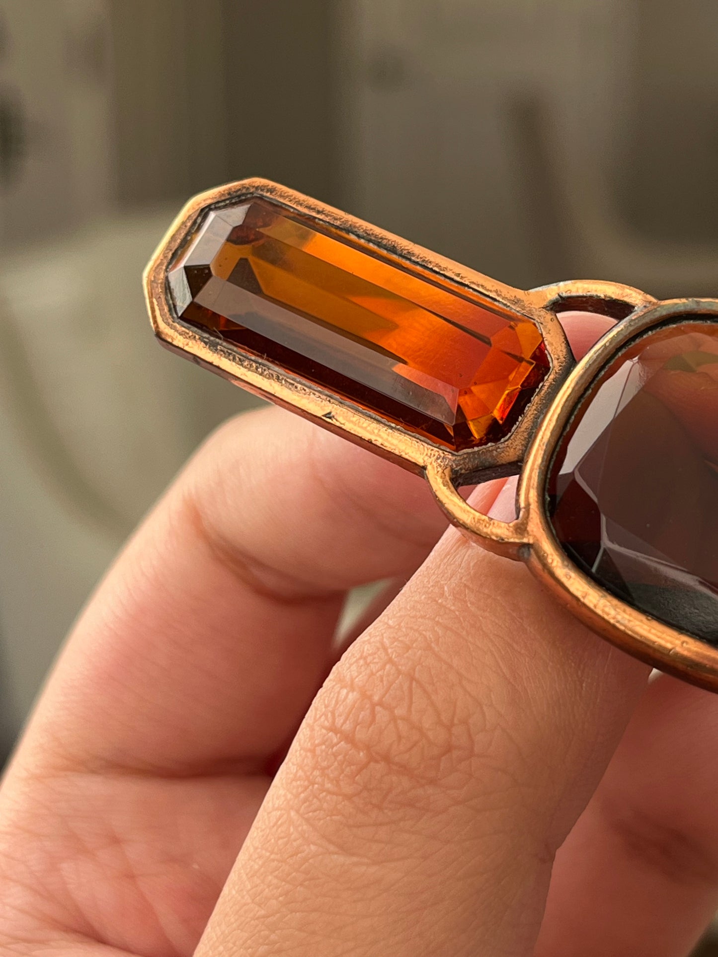 Vintage Yves Saint Laurent YSL Large Open Back Brown Rhinestone Rose Gold-Tone Bar Brooch