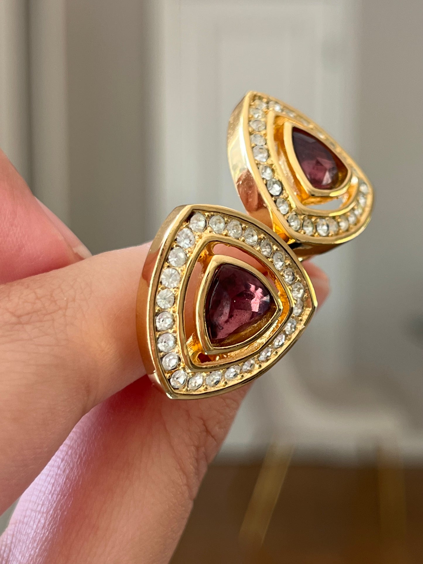 Vintage Christian Dior Triangular Purple Rhinestone Hollow Edge Gold-Tone Clip-On Earrings