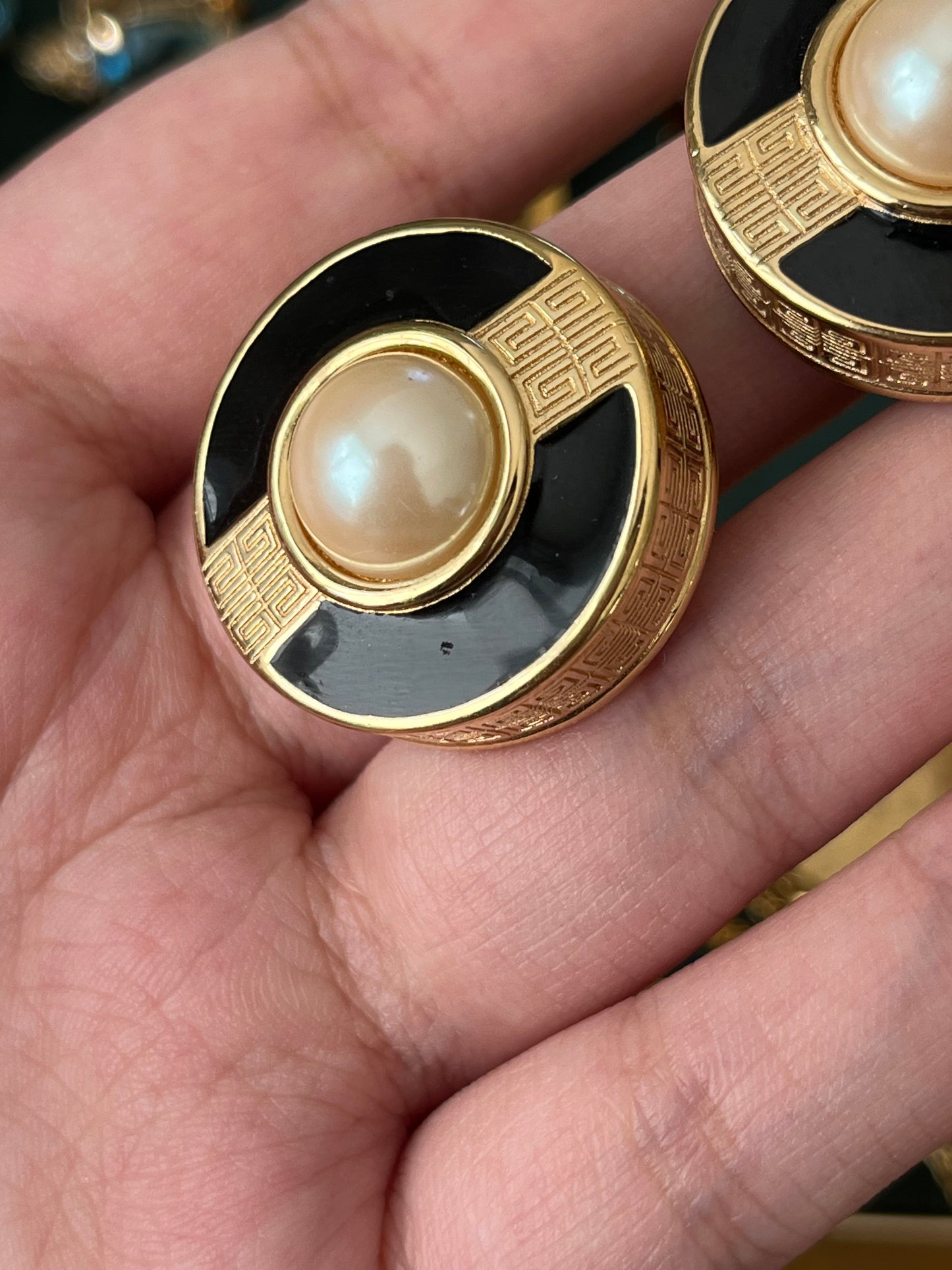 Vintage Givenchy Classic "G" Logo Pearl Black Enamel Round Gold-Plated Clip-On Earrings