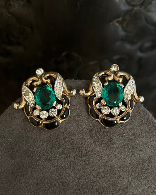Vintage Trifari “Empress Eugénie” Collection 1940s Oval Topaz Rhinestone Navy Emerald Gold-Tone Clip-On Earrings