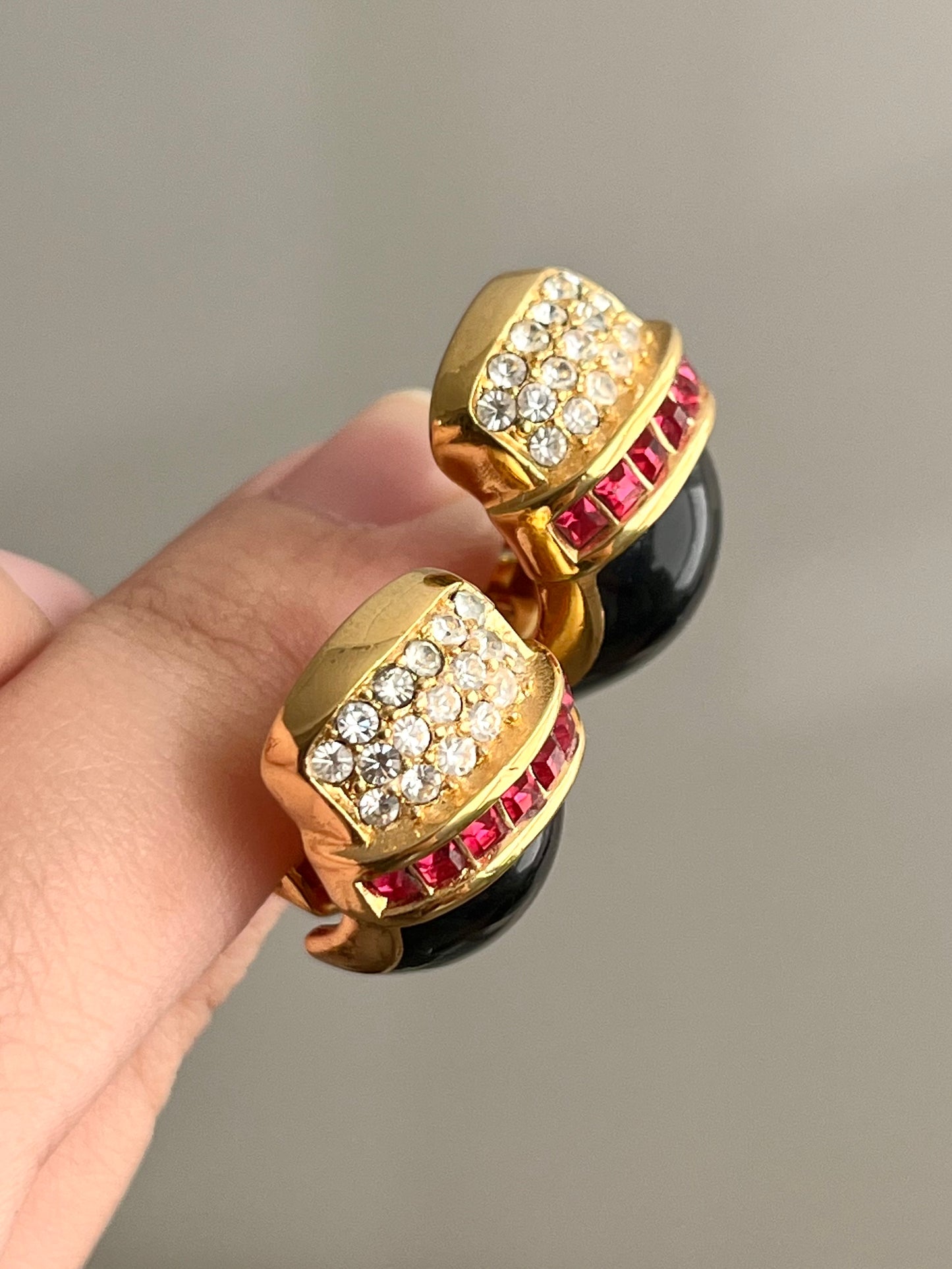 Vintage Christian Dior "V" Square Red Rhinestone Black Enamel Gold-Tone Clip-On Earrings Necklace Set