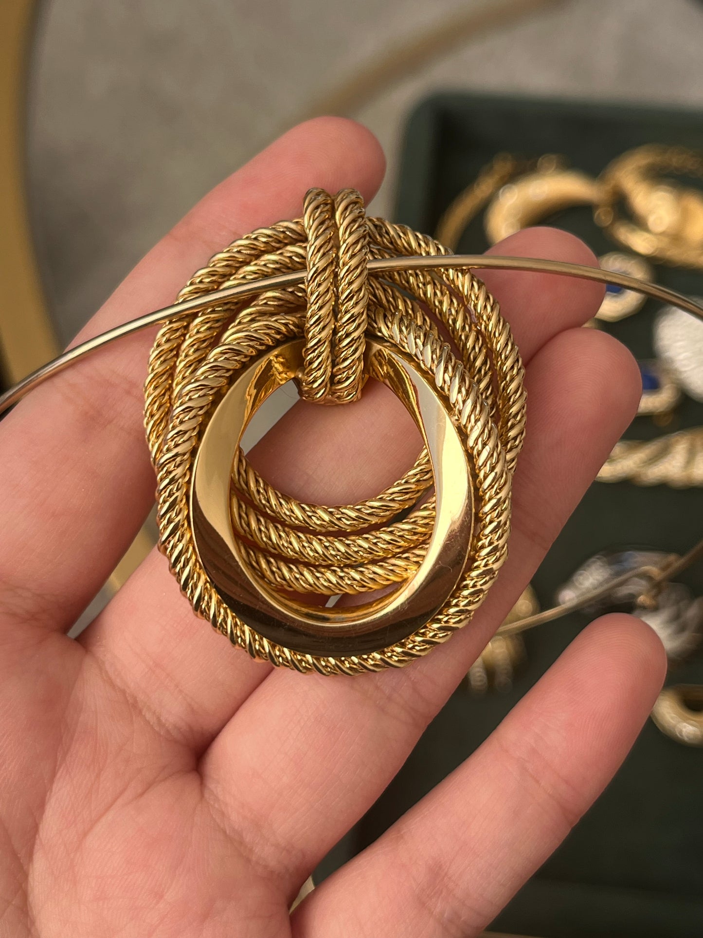 Vintage Grossé (Christian Dior) 1971 "Rope" Collection Layered Braided Knot Gold-Plated Pendant with Unsigned Choker Necklace