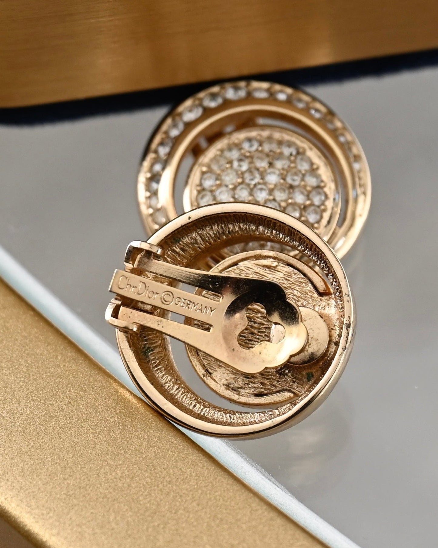 Vintage Christian Dior Rhinestone Pavé Round Gold-Tone Clip-On Earrings