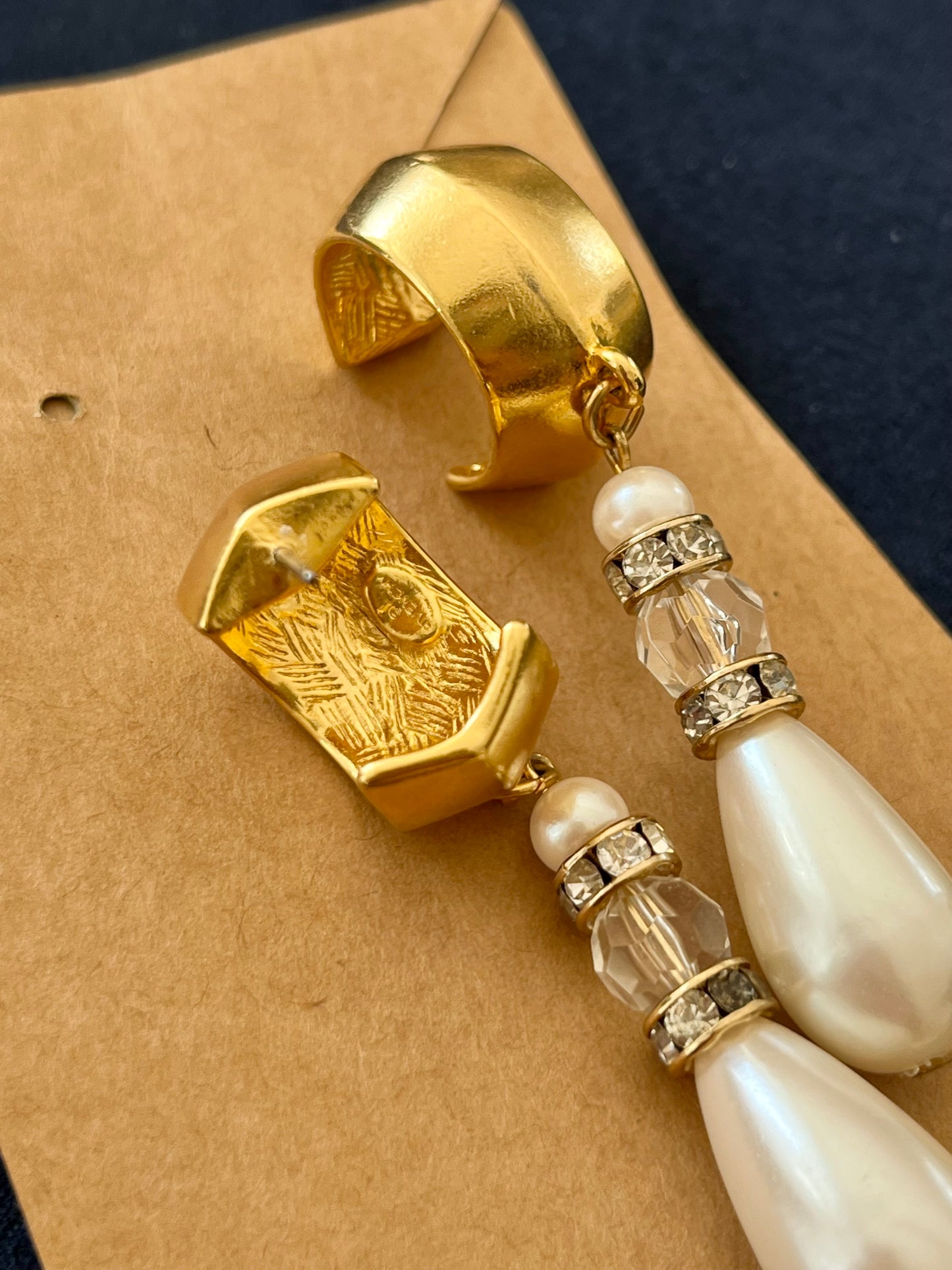 Vintage Givenchy Matte Gold Hoop Crystal Teardrop Pearl Dangle Drop  Long Shoulder Brush Sterling Silver Post Pierced Earrings