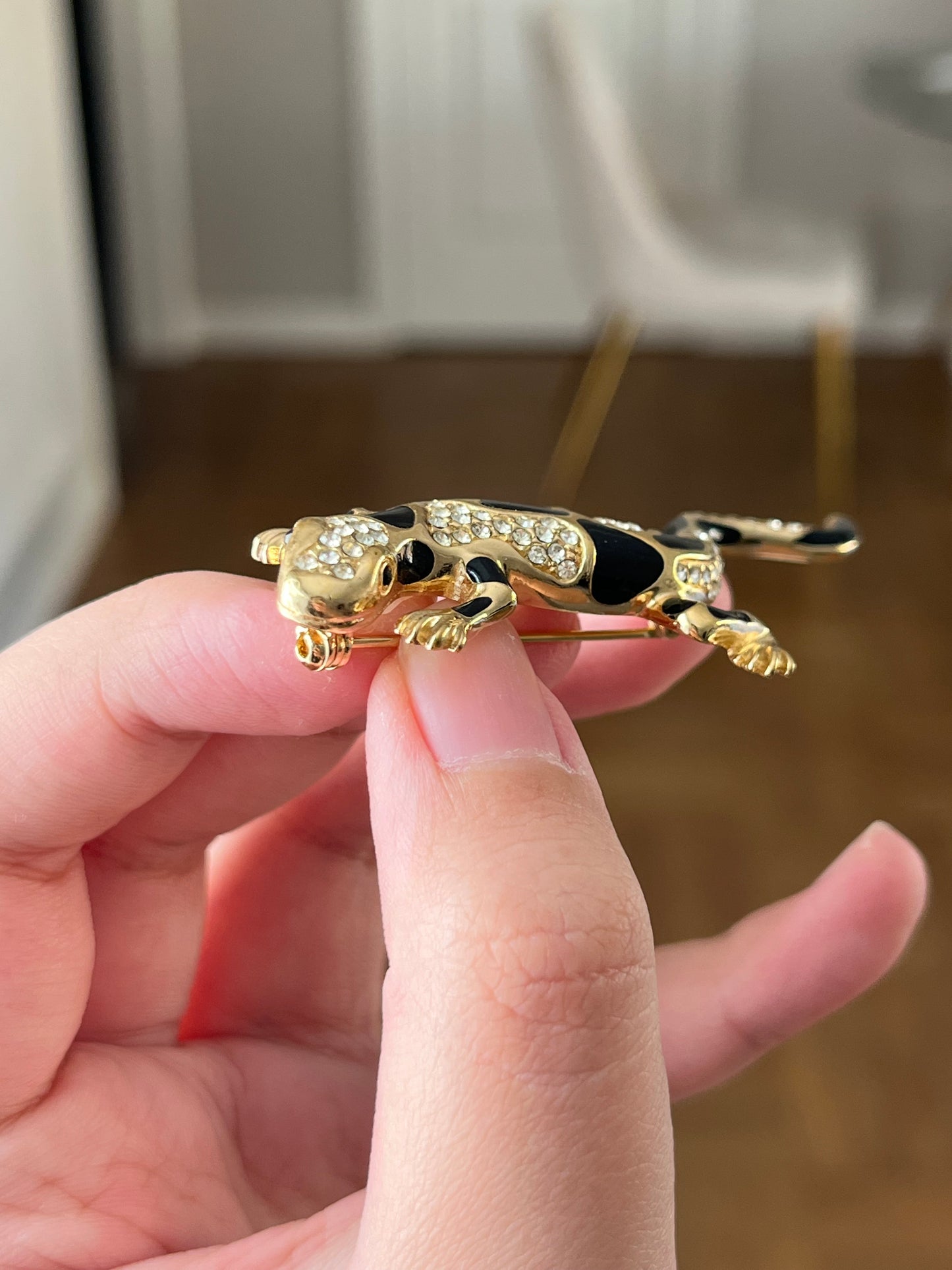 Vintage Christian Dior "Zoo" Collection Lizard Black Enamel Rhinestone Gold-Tone Brooch