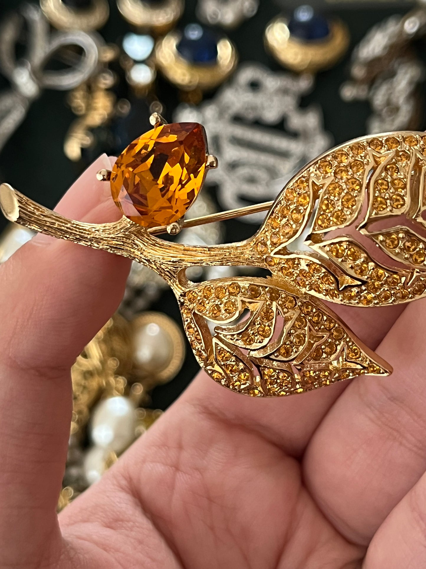 Vintage Christian Dior Leaf Branch Teardrop Orange Rhinestone Prong Gold-Tone Brooch