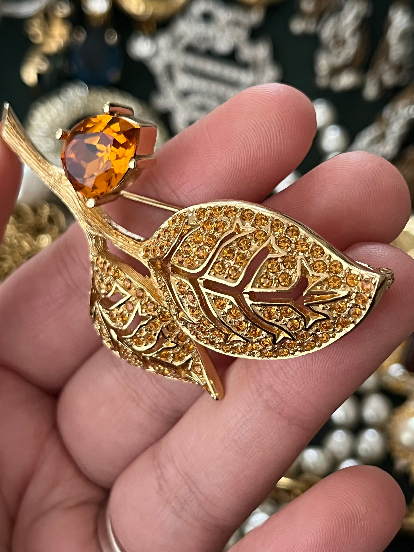 Vintage Christian Dior Leaf Branch Teardrop Orange Rhinestone Prong Gold-Tone Brooch