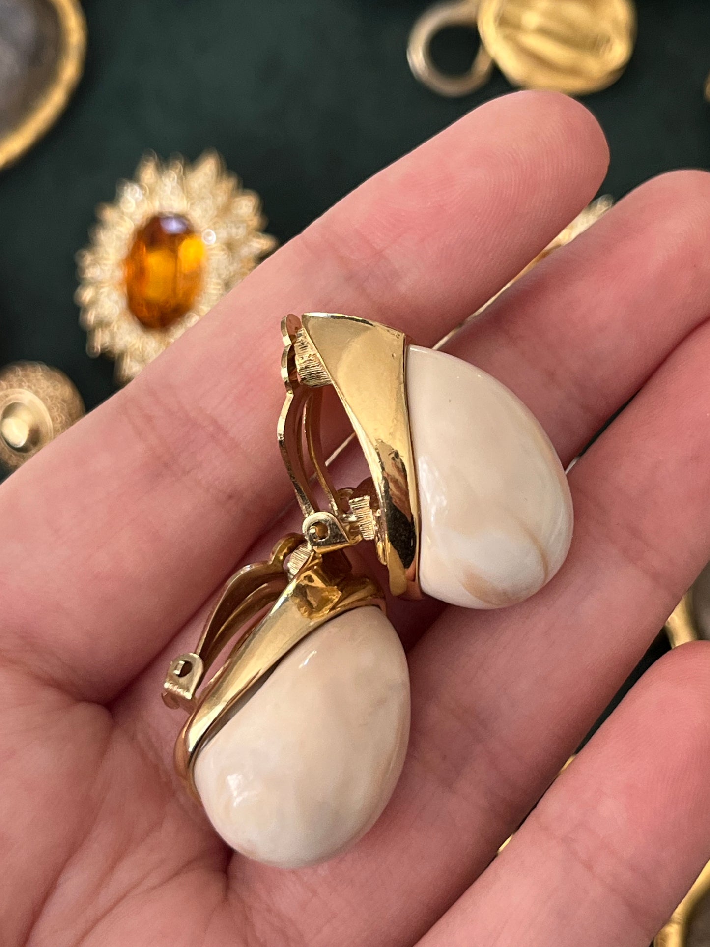 Vintage Givenchy Teardrop Cream Faux Marble Shell Resin Cabochon Gold-Tone Clip-On Earrings