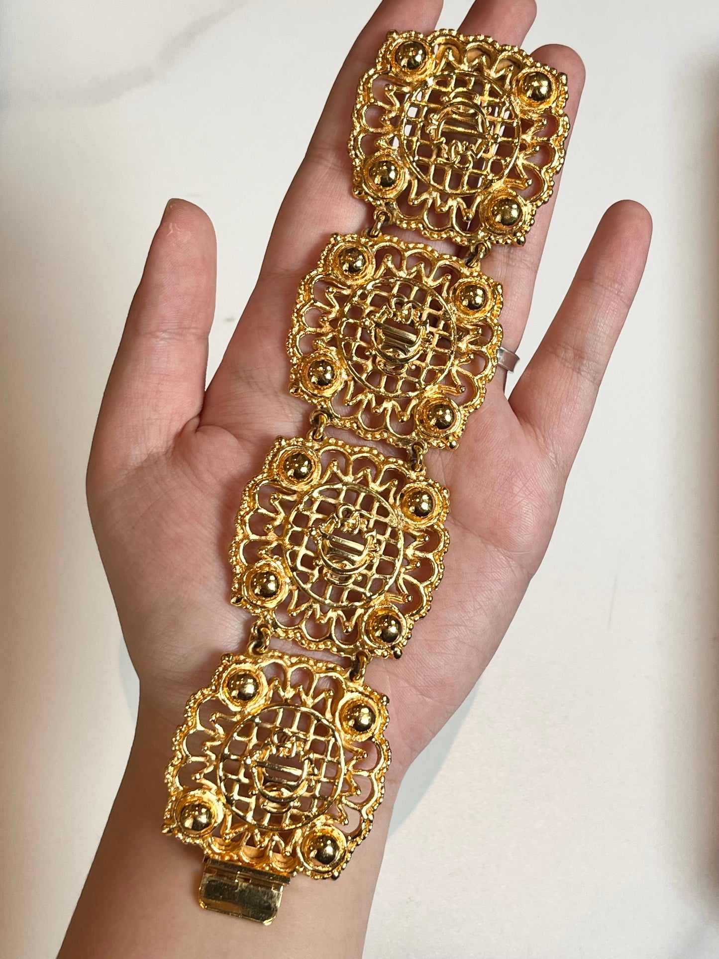 Vintage Christian Dior "Pumpkin Carriage" Collection Classic Monogram Logo Hollow Gold-Tone Bracelet Cuff Bangle