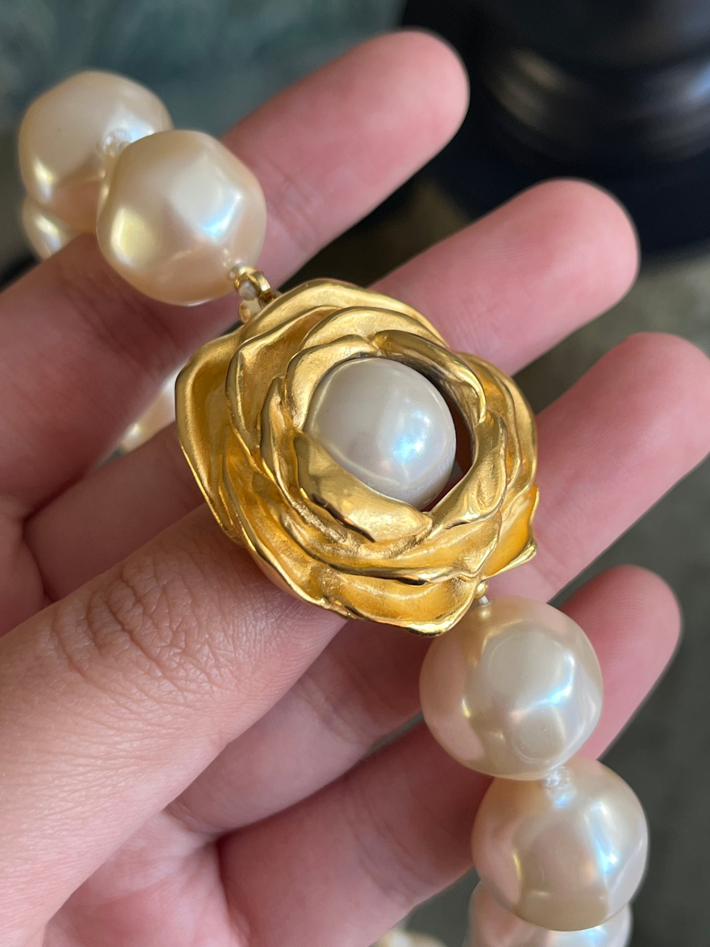 Vintage Givenchy "Rose" Collection Large Baroque Pearl Matte Gold Beaded Statement Necklace