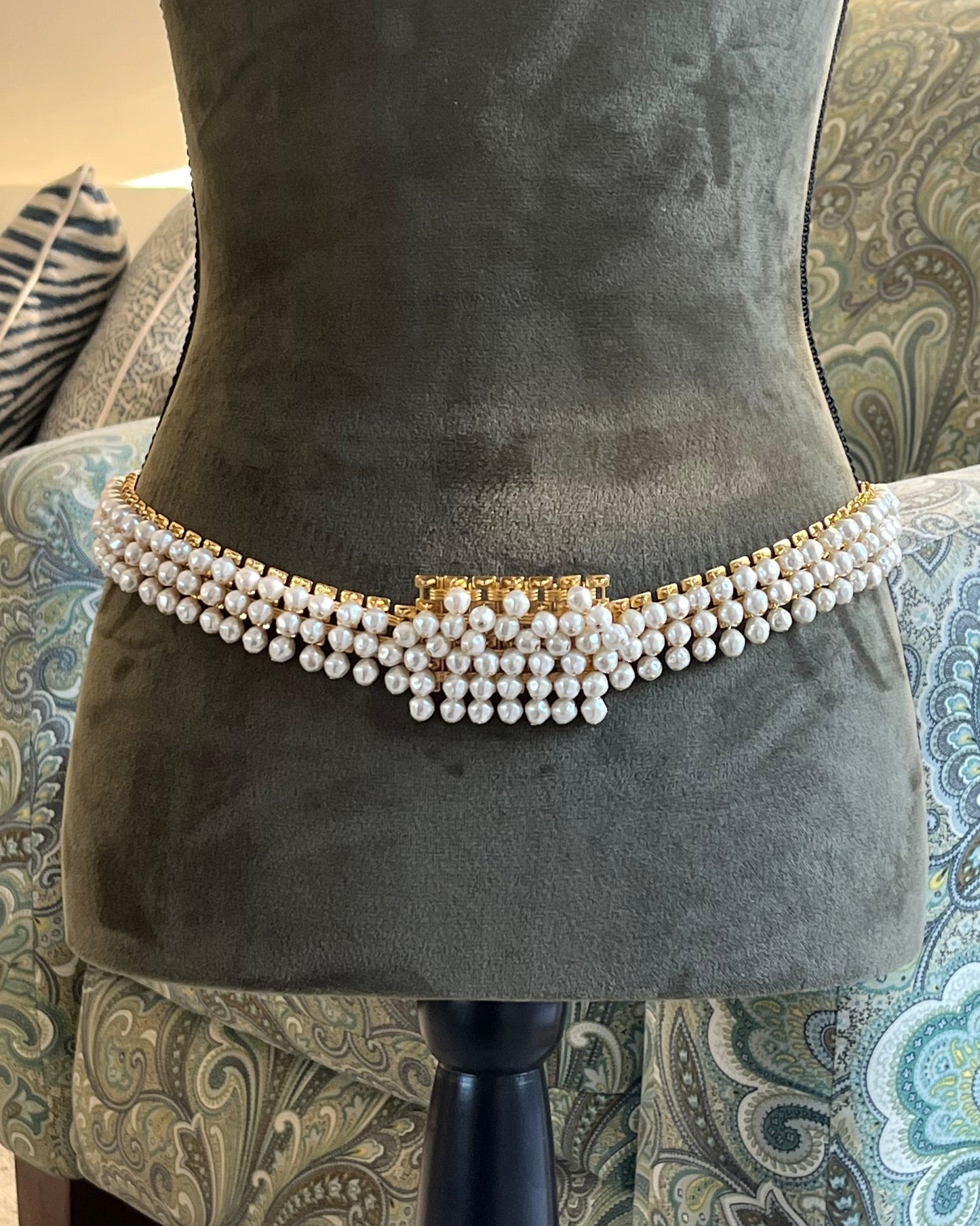 Vintage Christian Dior Baroque Pearl Tassel Droplet Gold-Tone Wide Waist Chain Belt