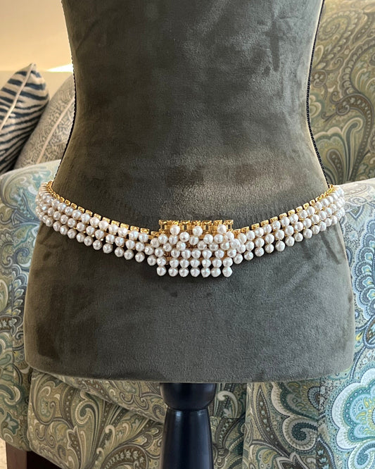 Vintage Christian Dior Baroque Pearl Tassel Droplet Gold-Tone Wide Waist Chain Belt