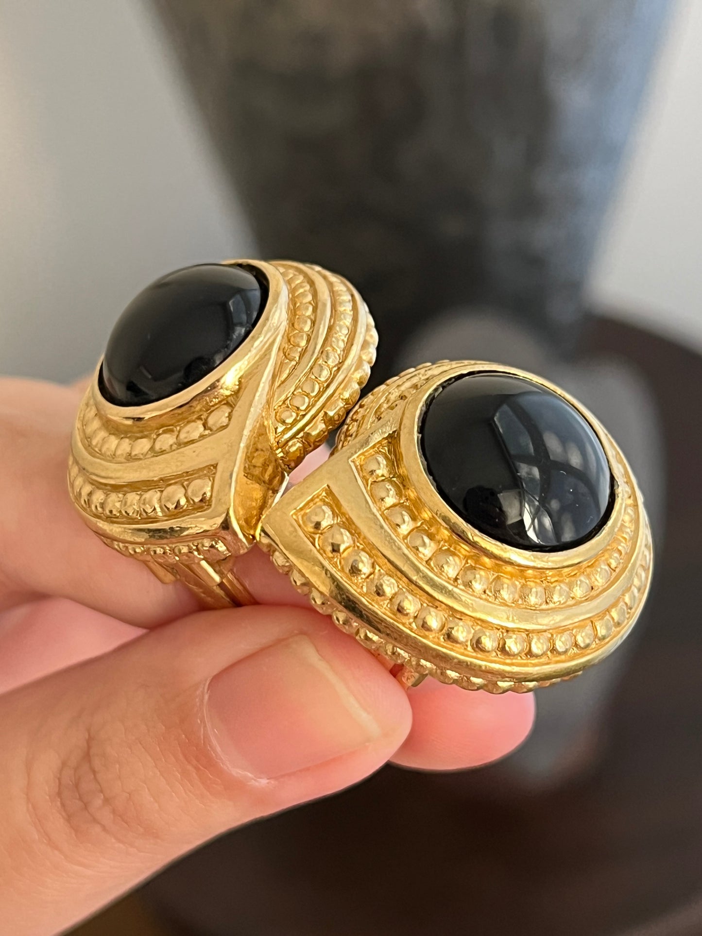 Vintage Christian Dior Sea Shell Round Black Poured Glass Cabochon Swirl Dotted Edge Gold-Plated Clip-On Earrings