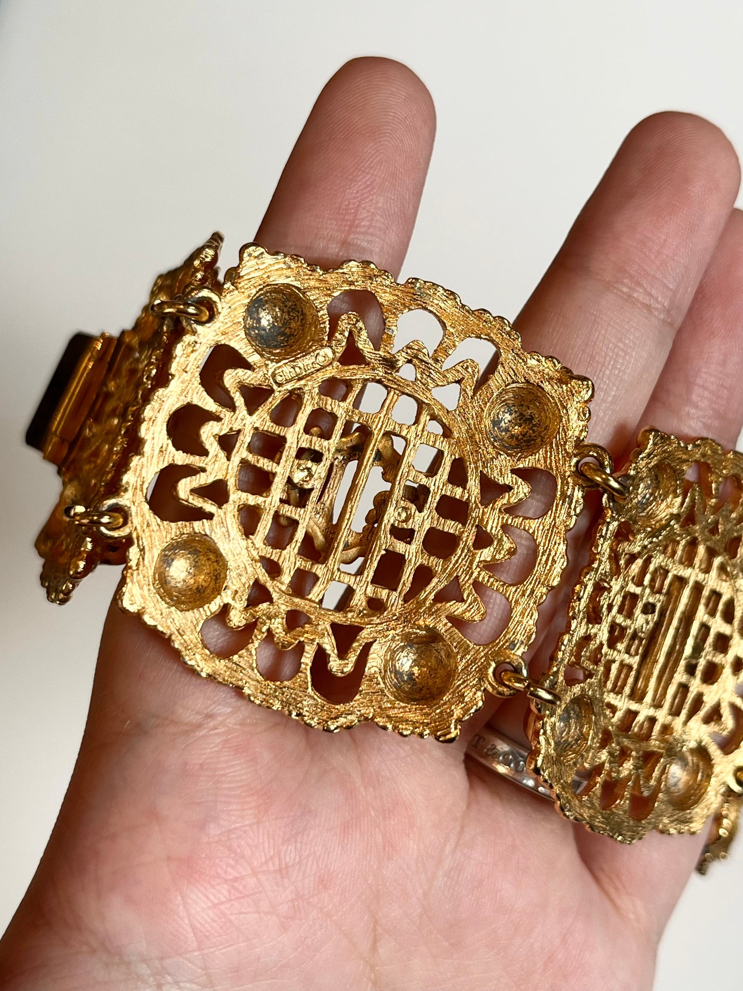 Vintage Christian Dior "Pumpkin Carriage" Collection Classic Monogram Logo Hollow Gold-Tone Bracelet Cuff Bangle