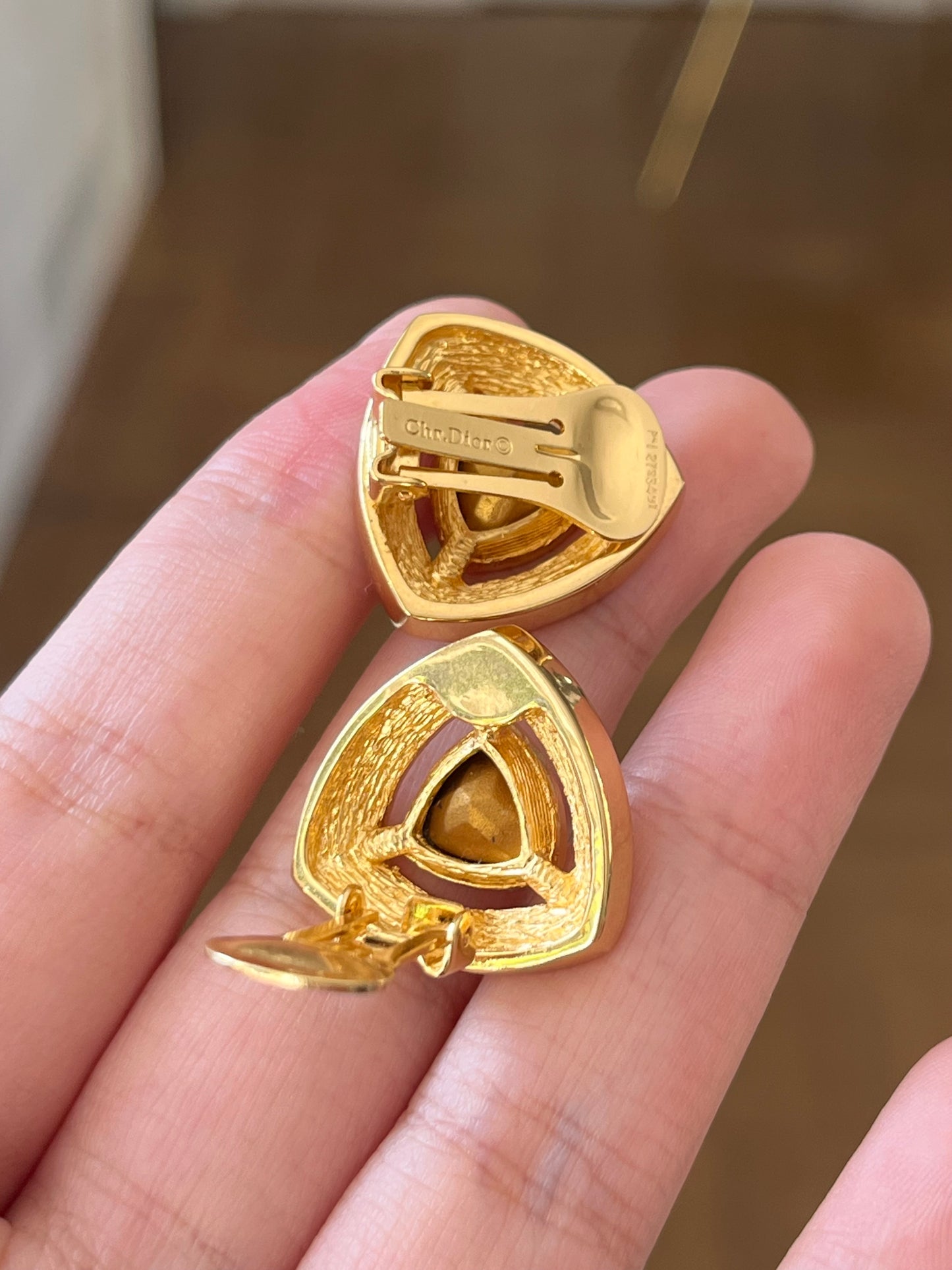 Vintage Christian Dior Triangular Purple Rhinestone Hollow Edge Gold-Tone Clip-On Earrings