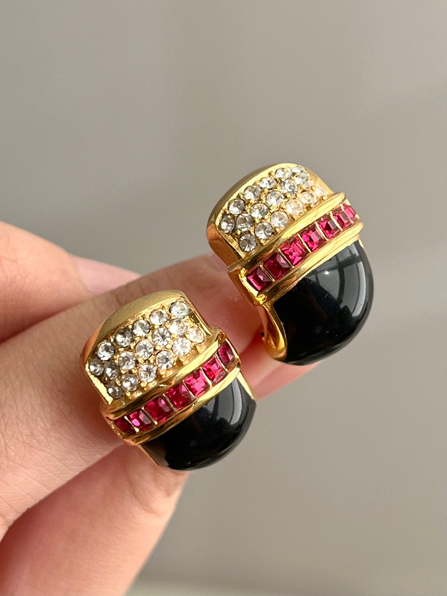 Vintage Christian Dior "V" Square Red Rhinestone Black Enamel Gold-Tone Clip-On Earrings Necklace Set