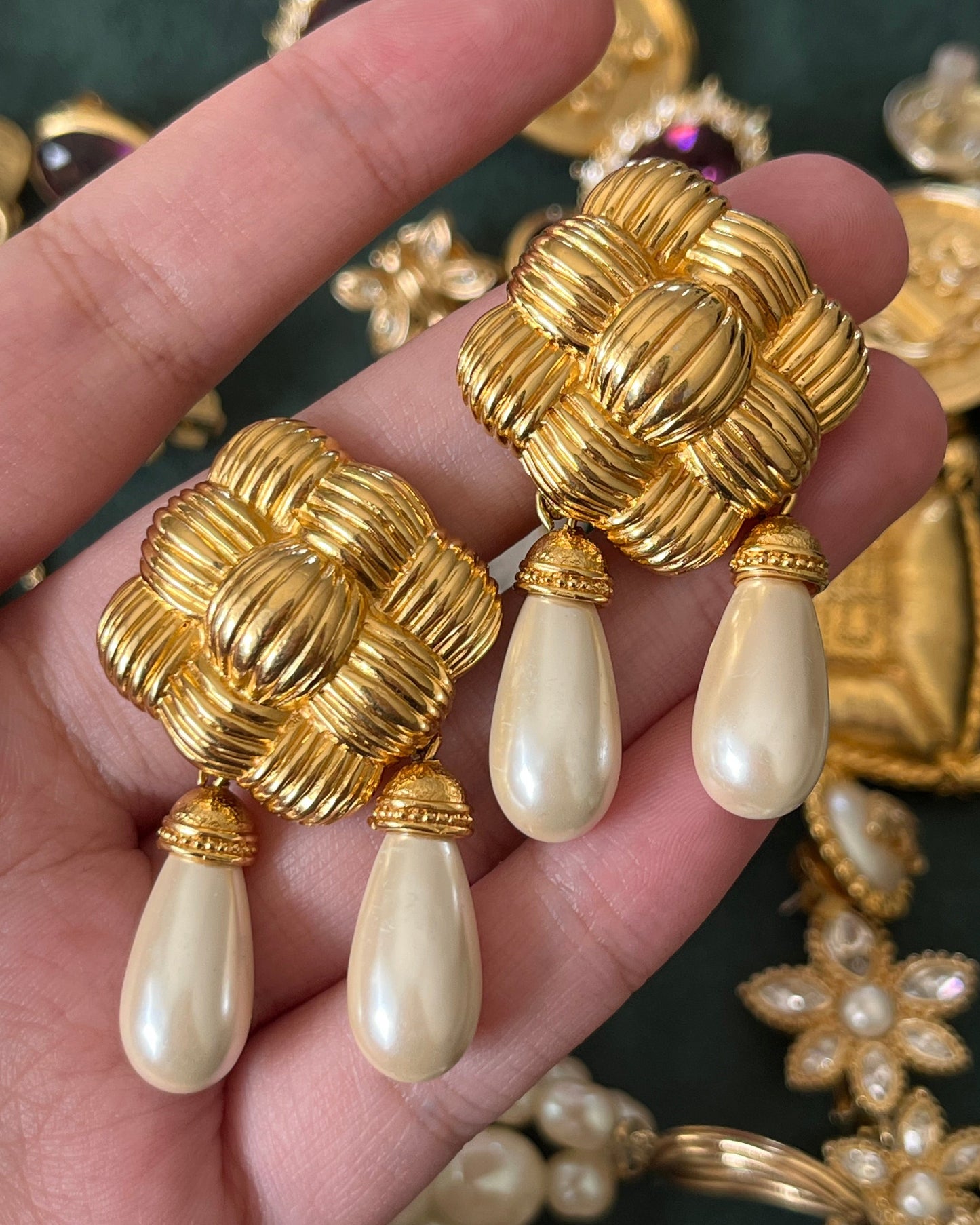 Vintage Fendi "Braided Croissant" Collection Pearl Dangle Drop Gold-Tone Clip-On Earrings