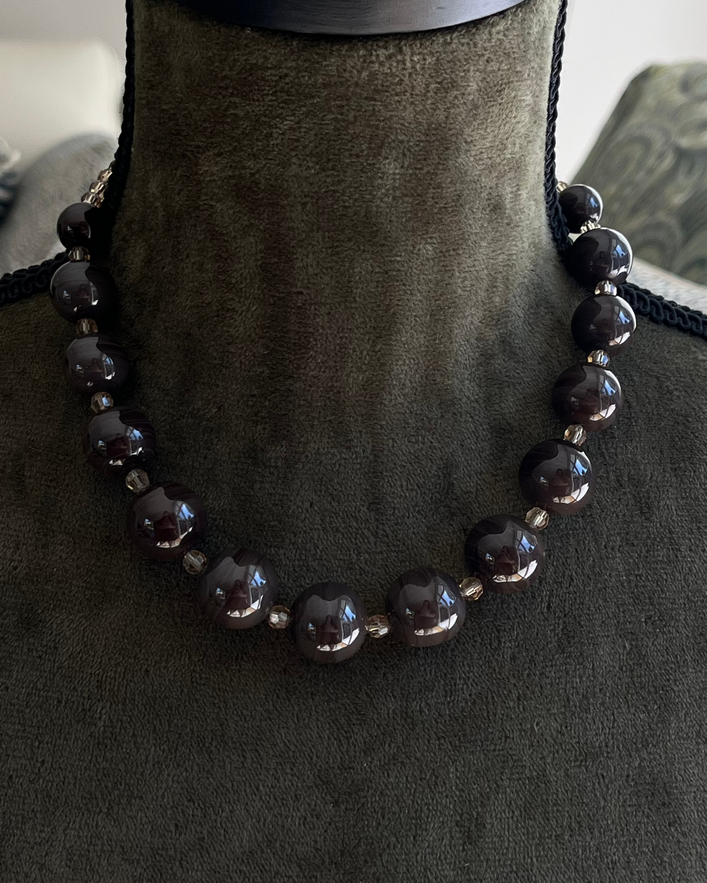 Vintage Christian Dior 1960 Purplish Gray Round Swirly Glass Bead Statement Necklace