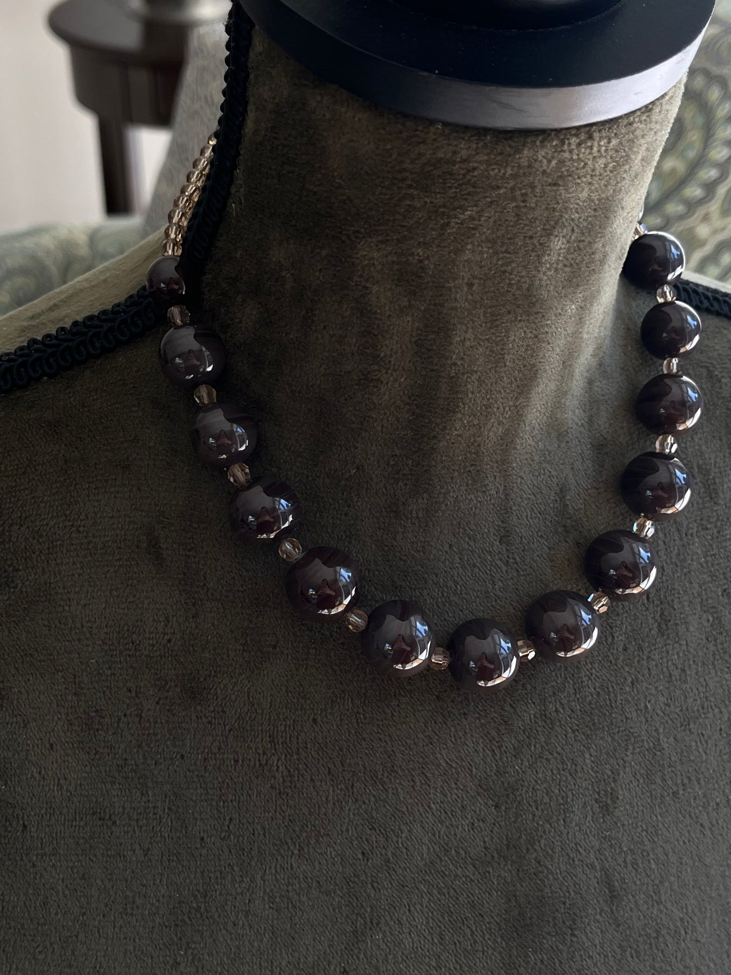 Vintage Christian Dior 1960 Purplish Gray Round Swirly Glass Bead Statement Necklace